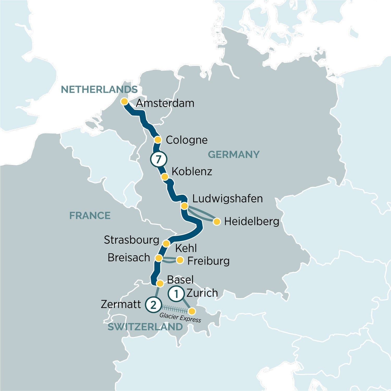 Jewels of the Rhine & Glacier Express Itinerary Map