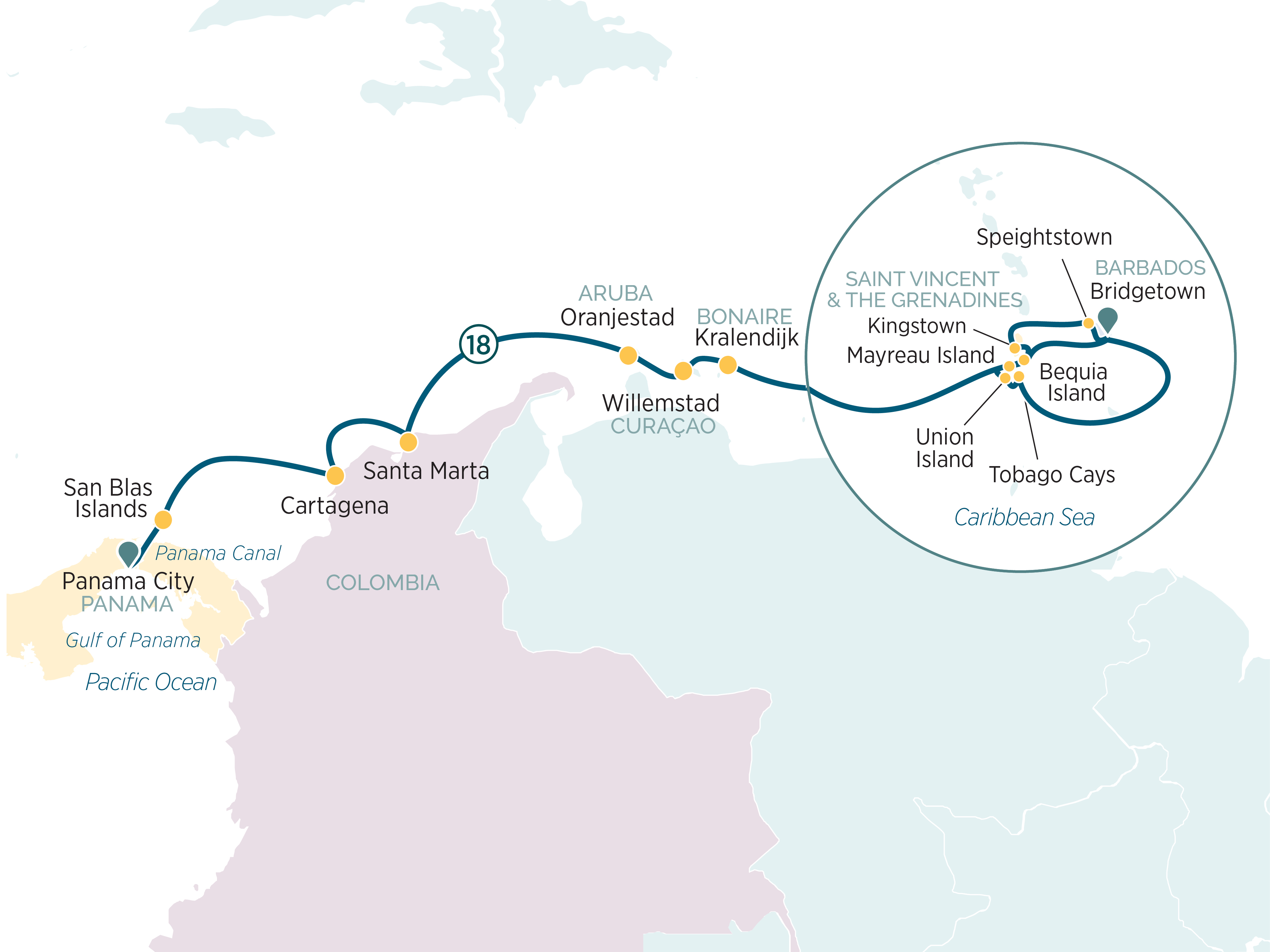Discover Barbados, Panama & Costa Rica Itinerary Map