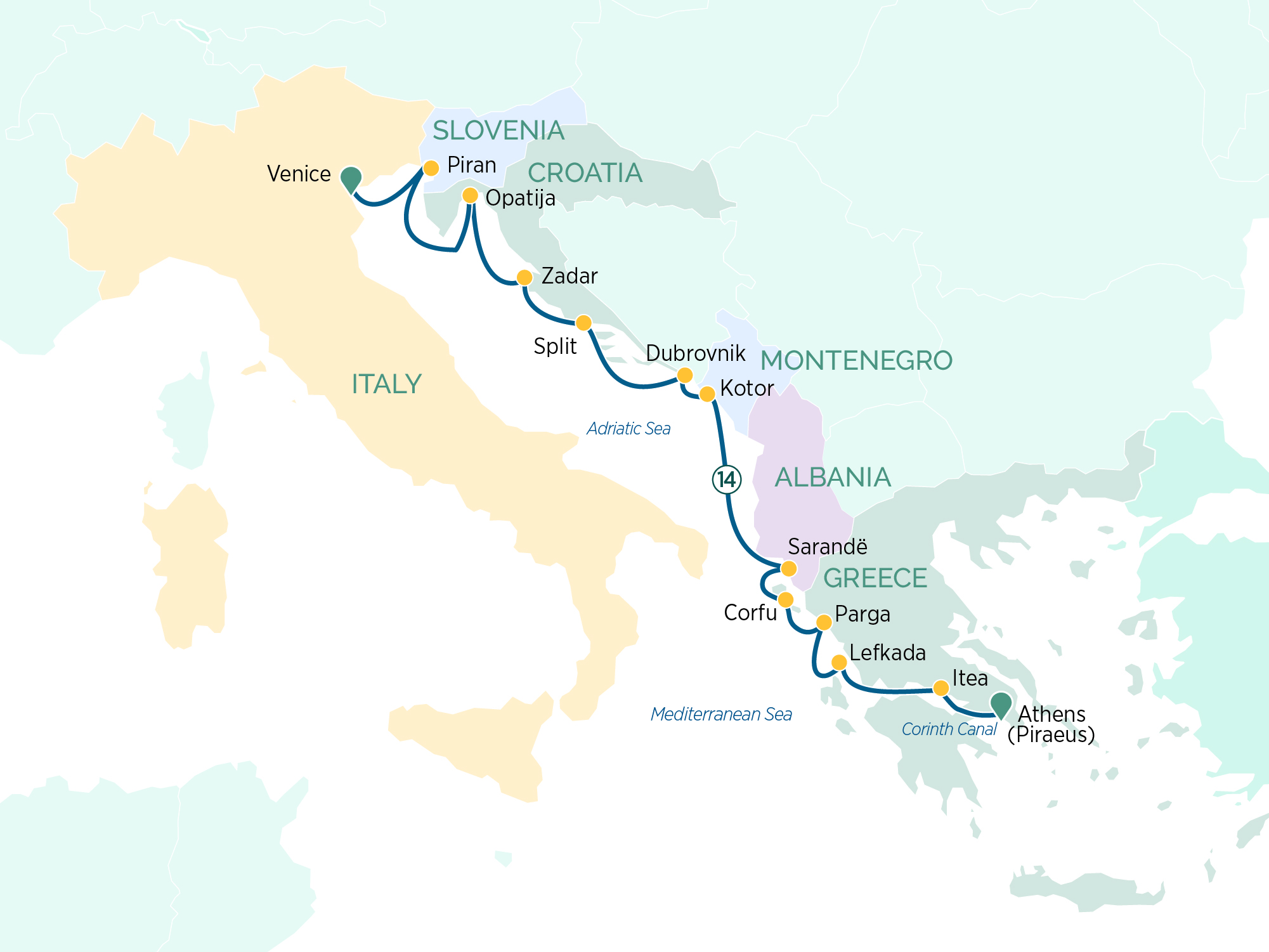 Discover the Mediterranean from Athens to Venice Itinerary Map