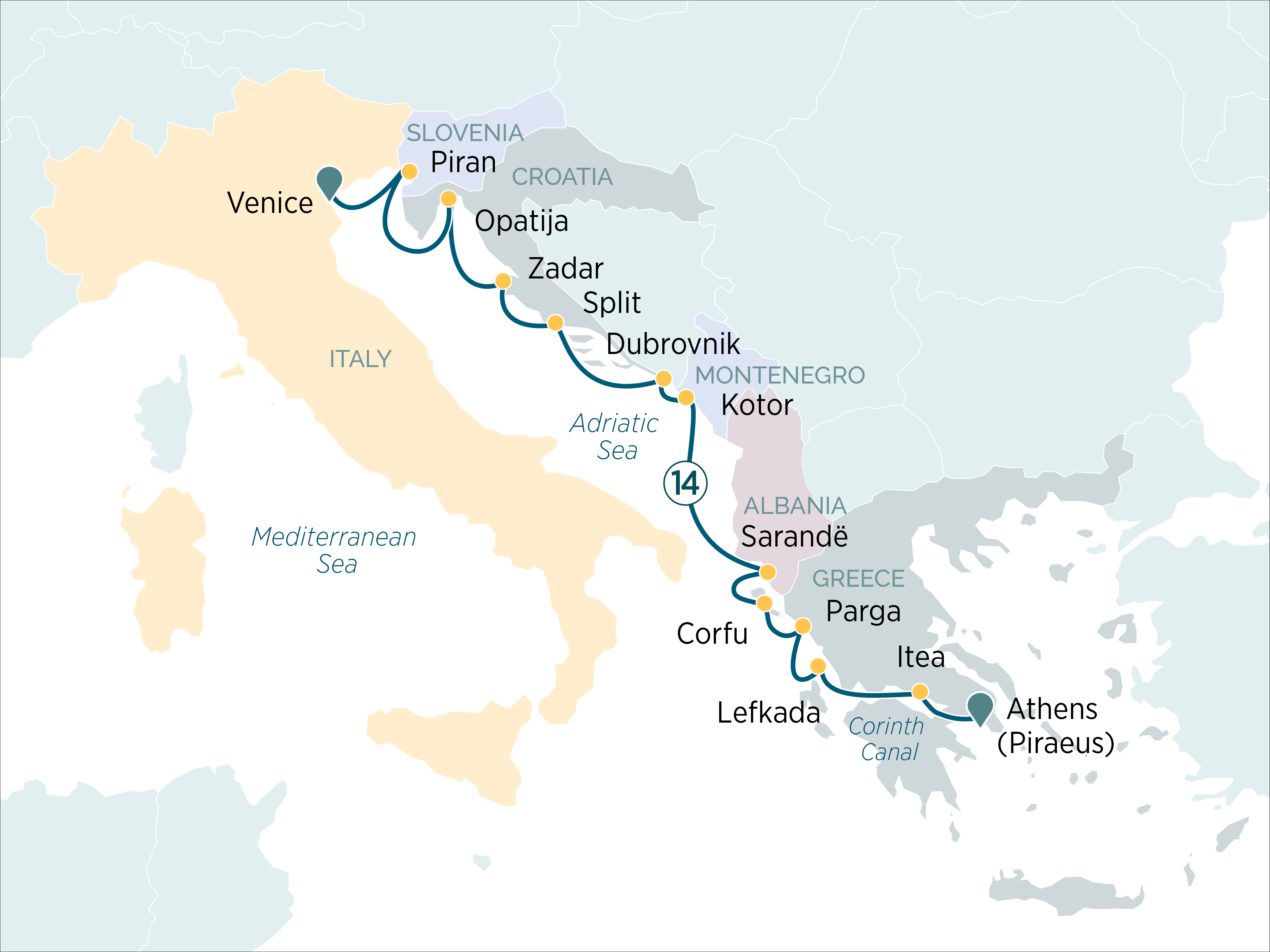 Discover the Mediterranean from Athens to Venice Itinerary Map