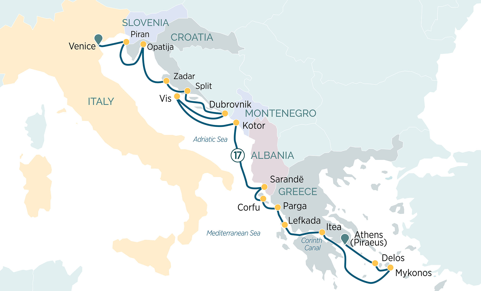 Discover Greece, Corinth Canal & the Adriatic Itinerary Map