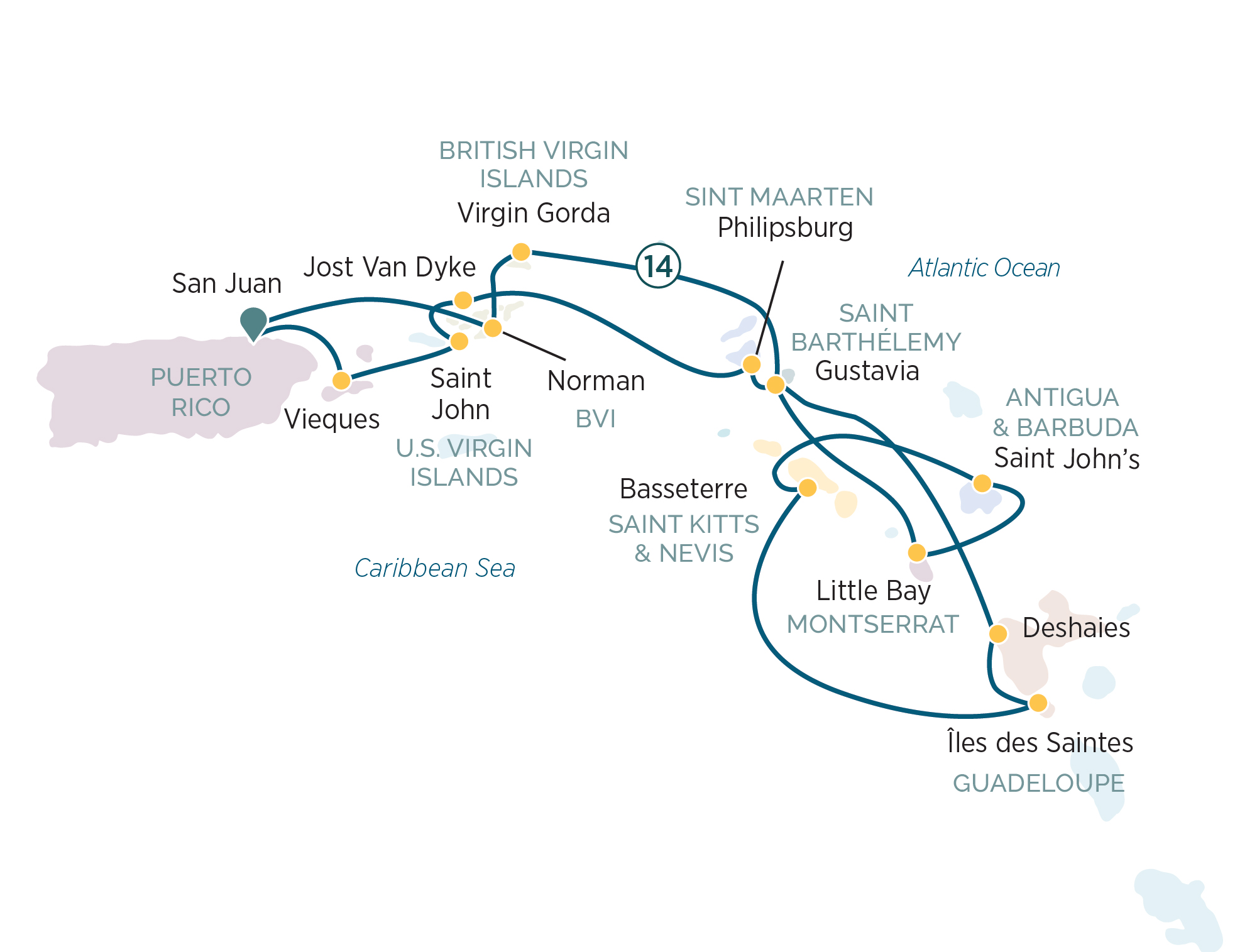 Discover the Yachting Islands of the Caribbean Itinerary Map