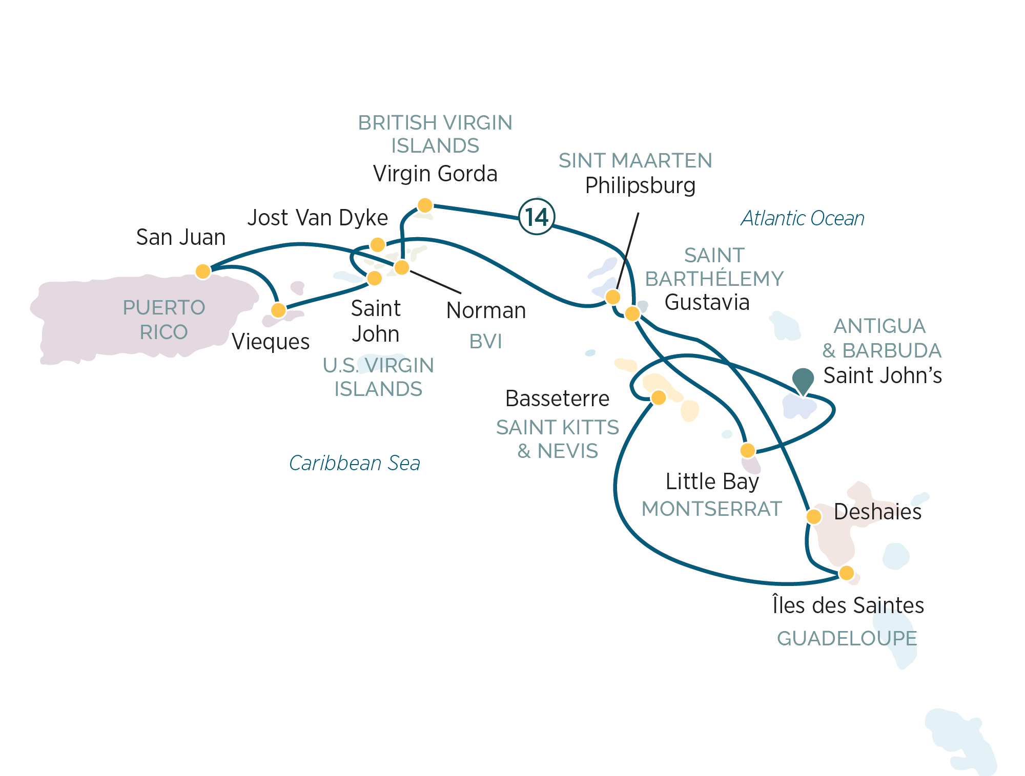 Discover the Yachting Islands of the Caribbean Itinerary Map