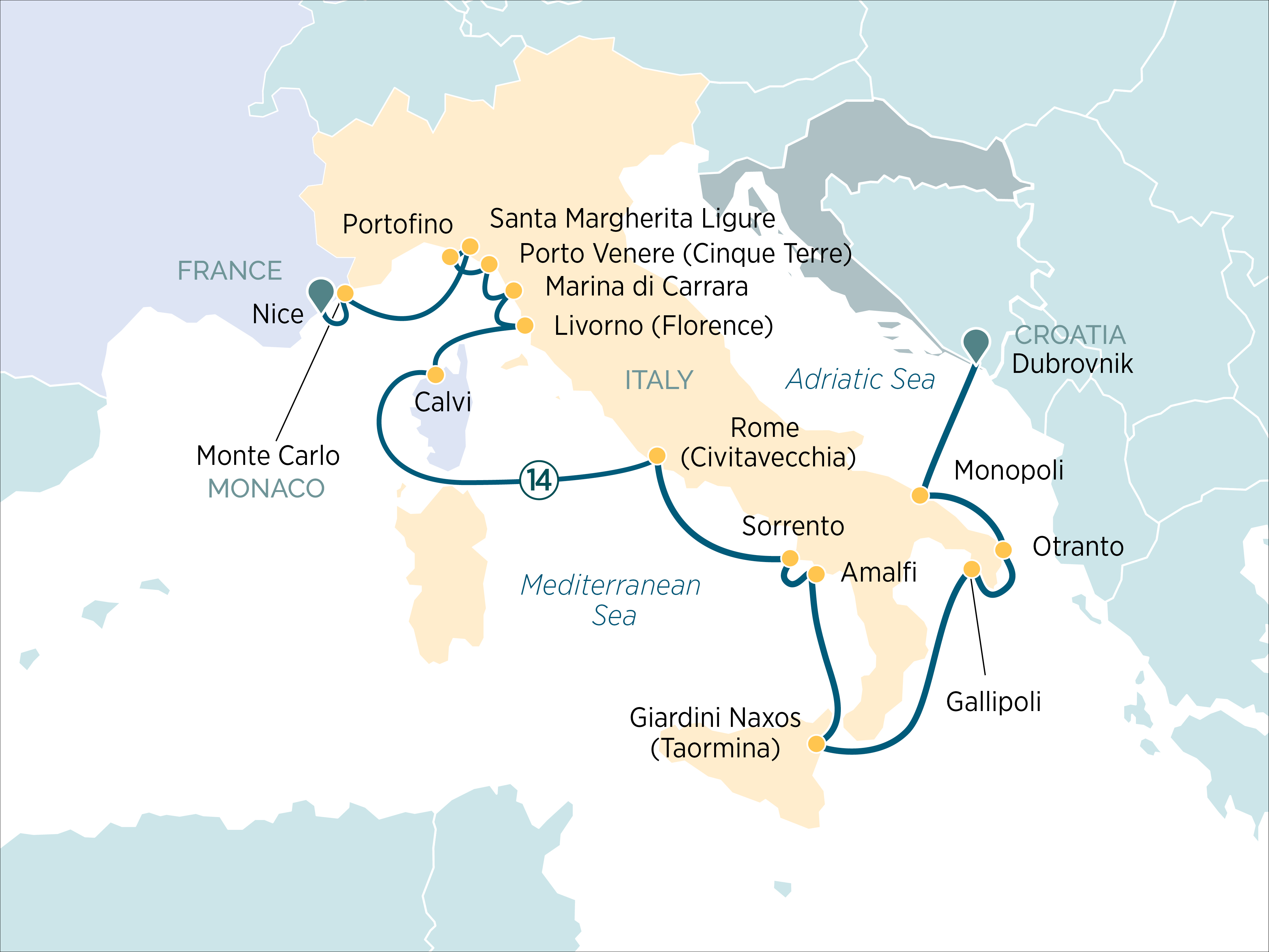 Discover French & Italian Coastlines Itinerary Map
