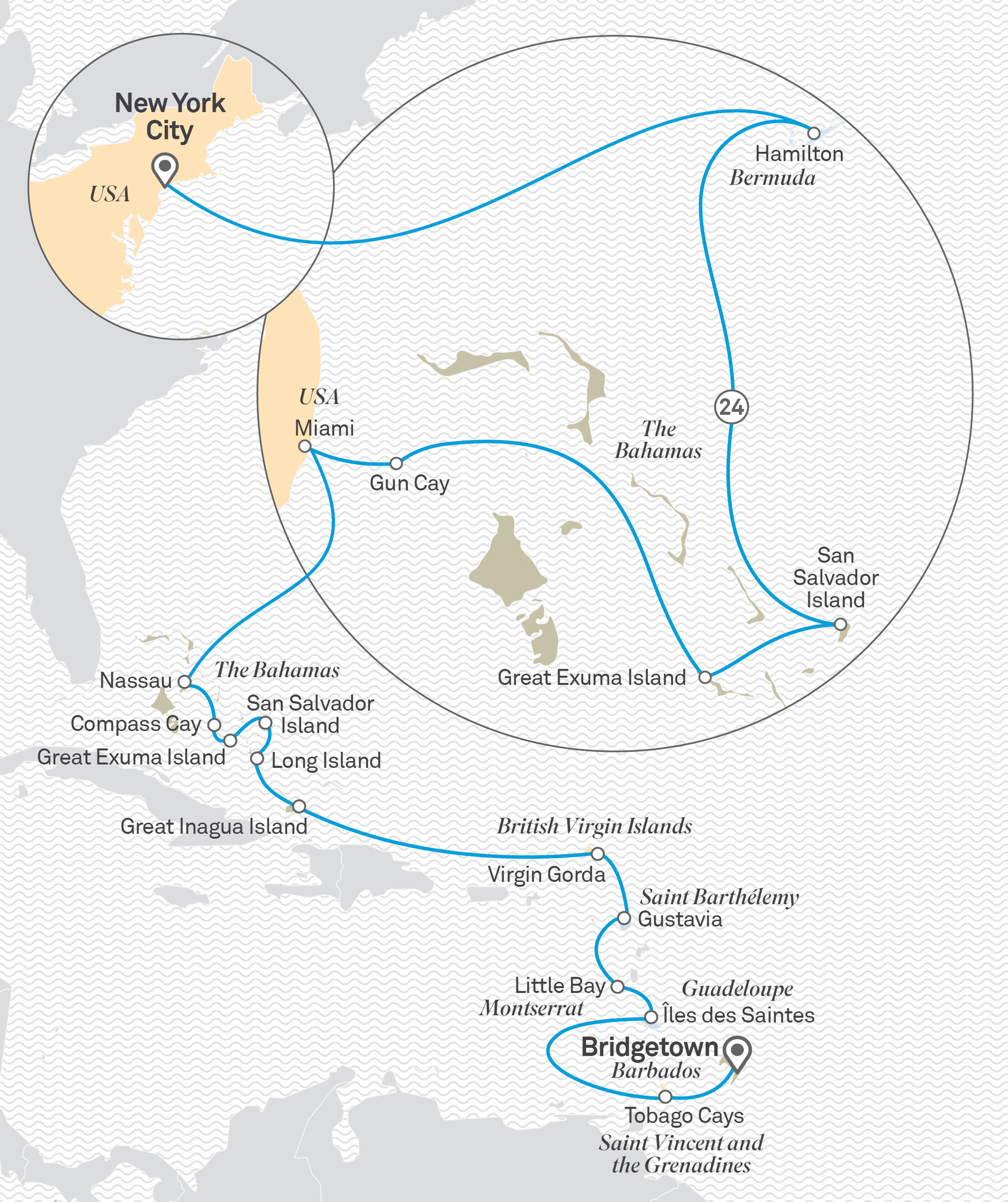 Ultimate Bermuda and The Bahamas to the Grenadines Itinerary Map