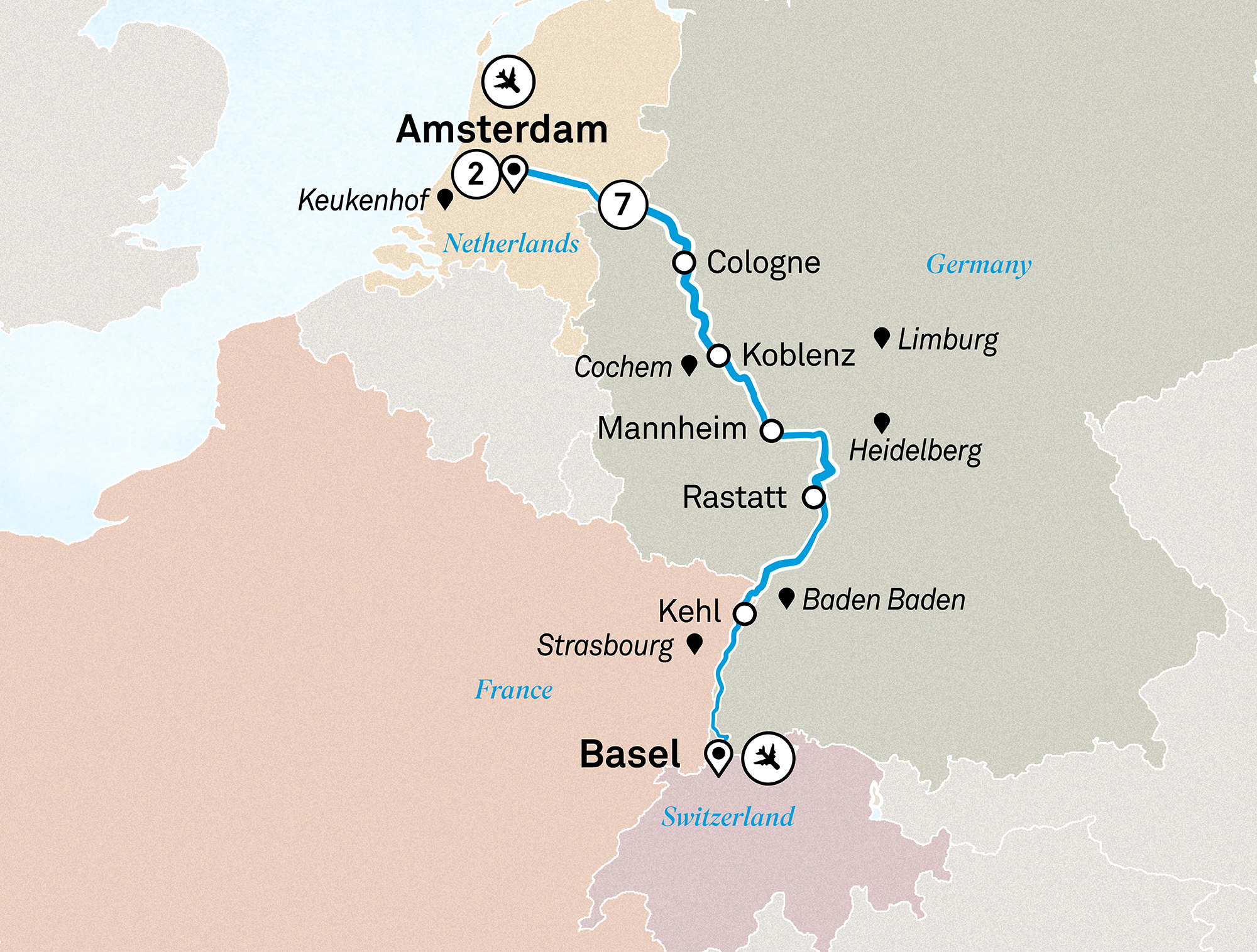Rhine Highlights with Amsterdam Itinerary Map