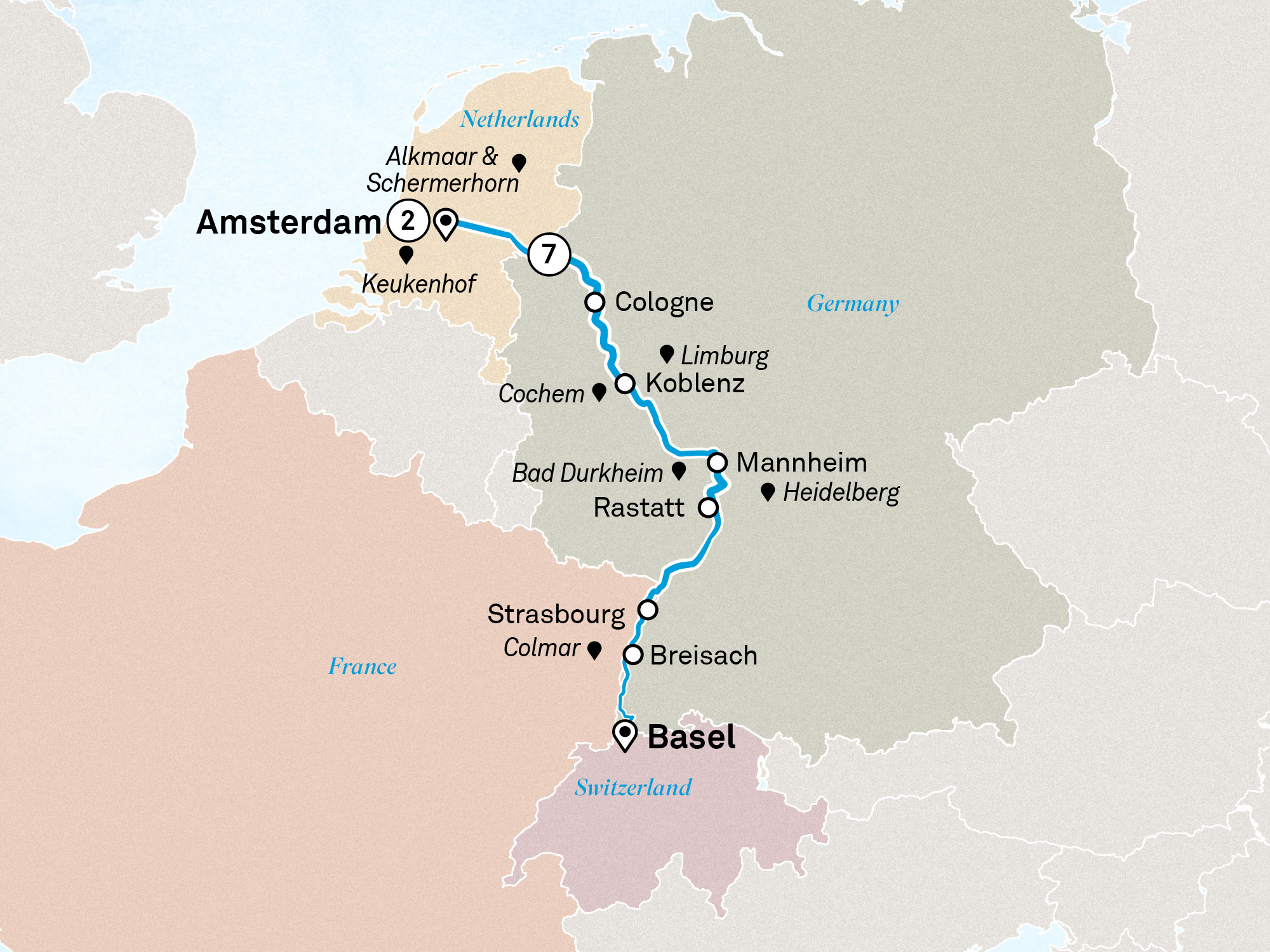 Rhine Highlights with Amsterdam Itinerary Map