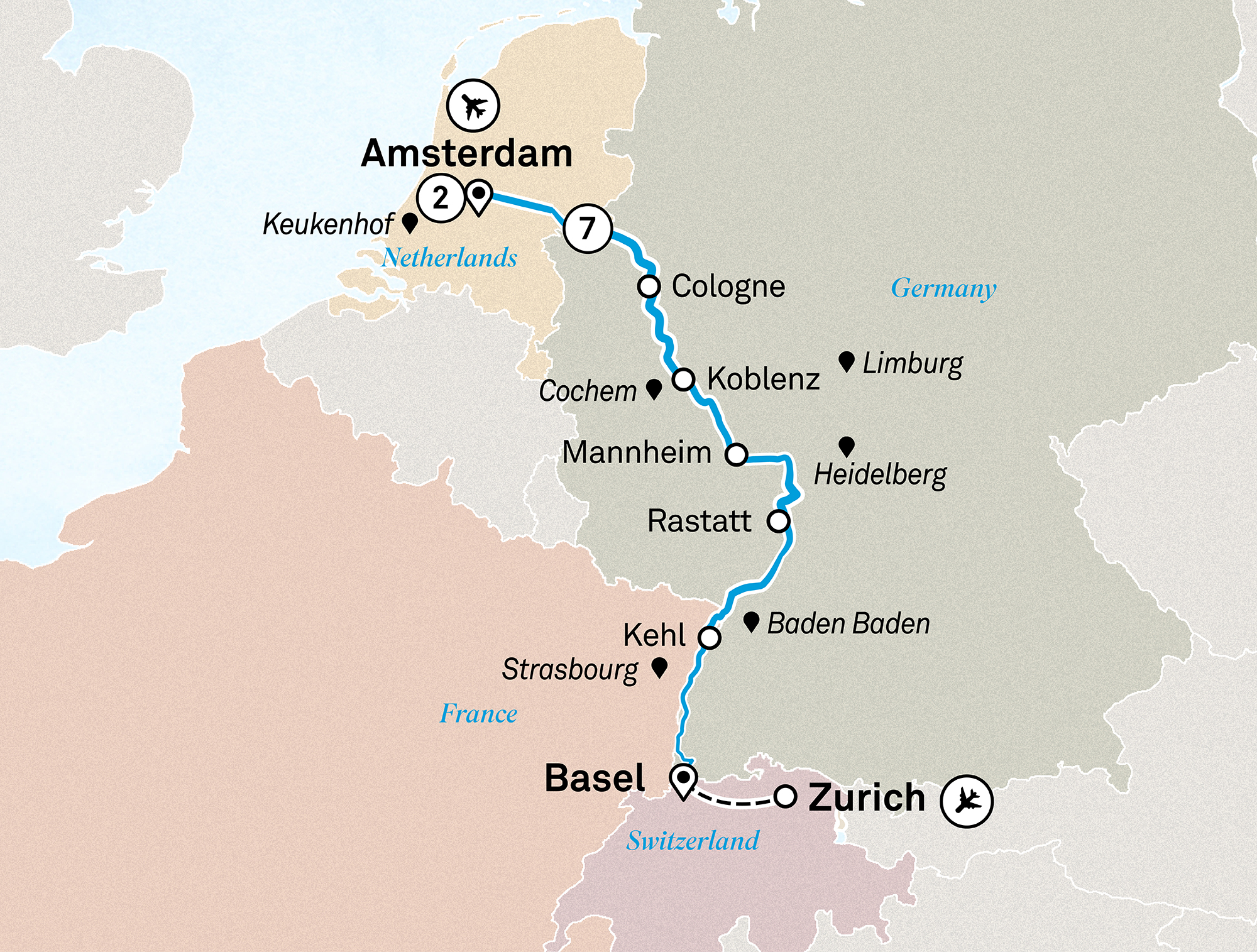 Rhine Highlights with Amsterdam Itinerary Map