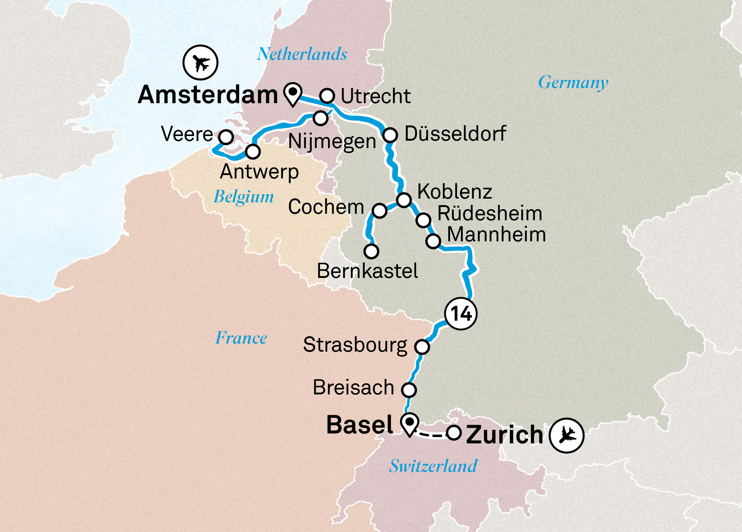 Romantic Rhine & Moselle Itinerary Map