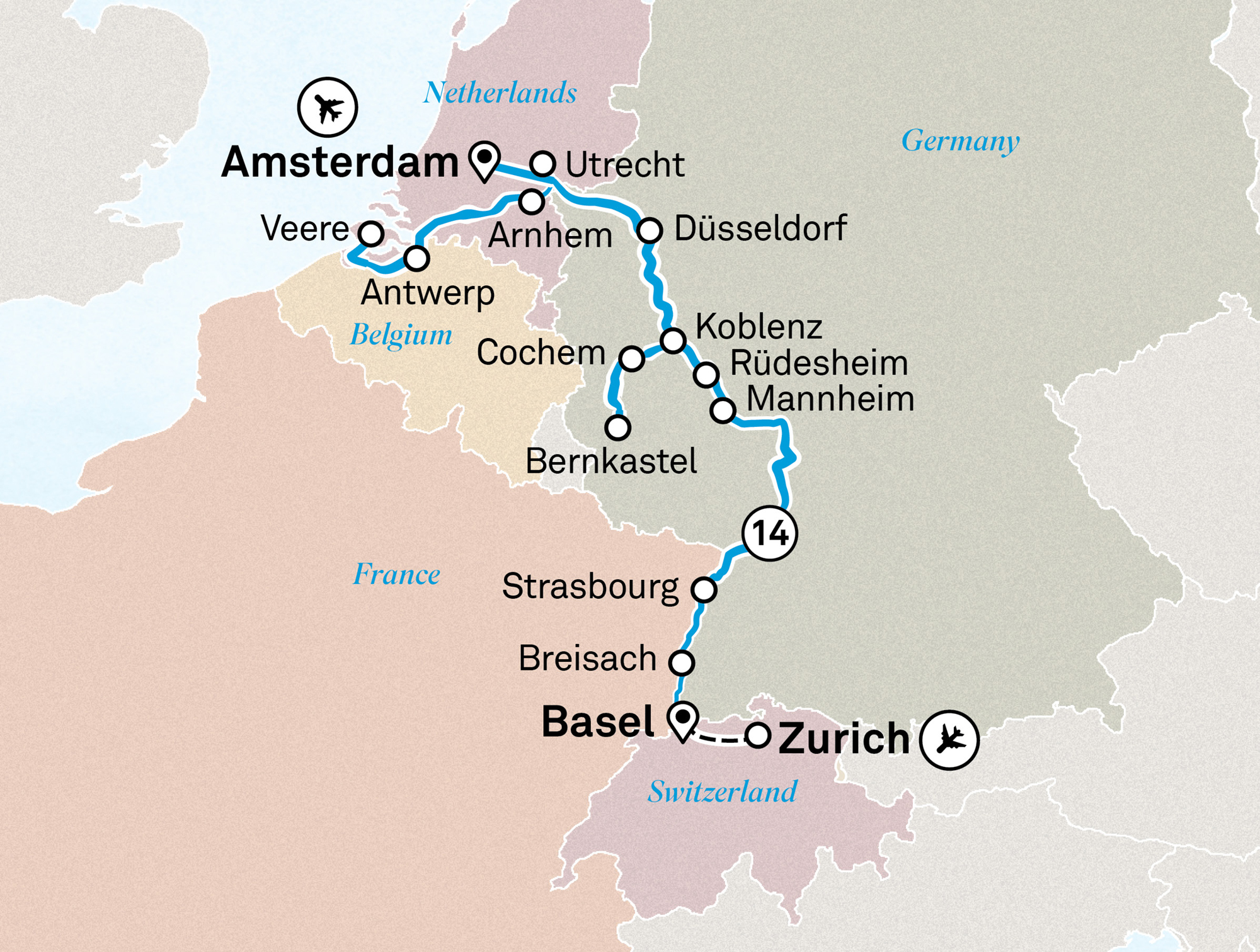 Romantic Rhine & Moselle Itinerary Map
