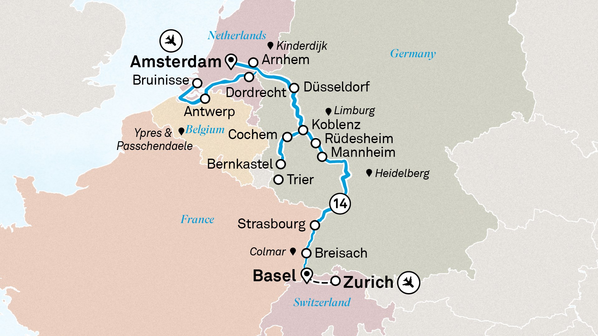 Romantic Rhine & Moselle Itinerary Map
