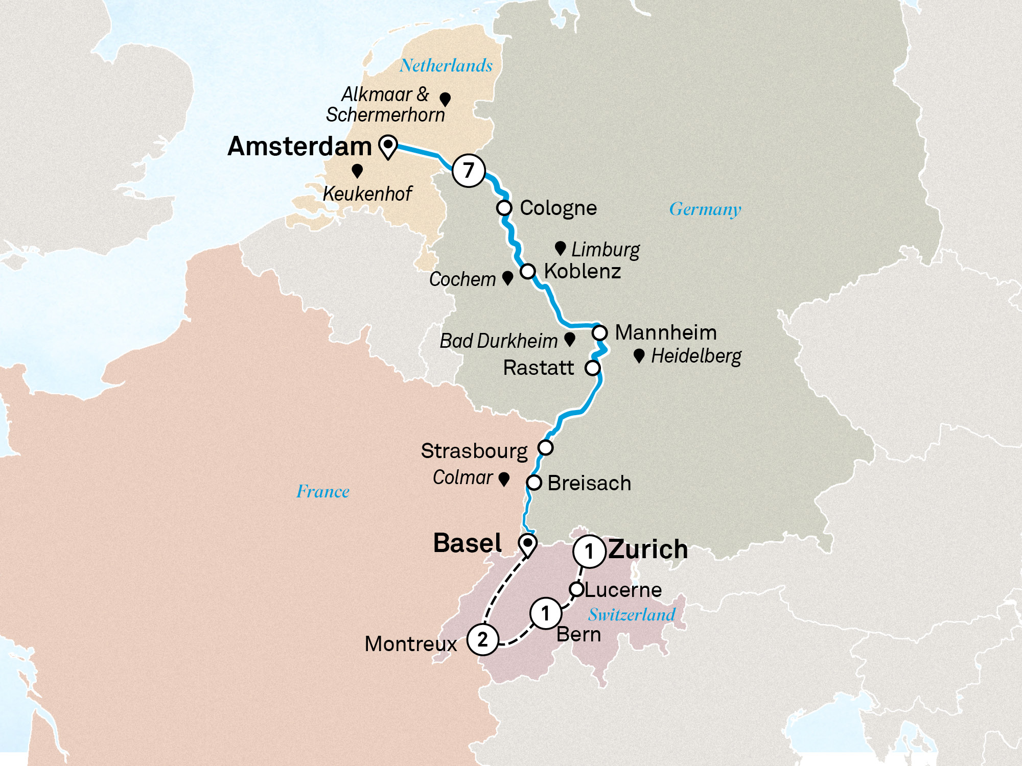 Rhine Highlights with Switzerland Itinerary Map