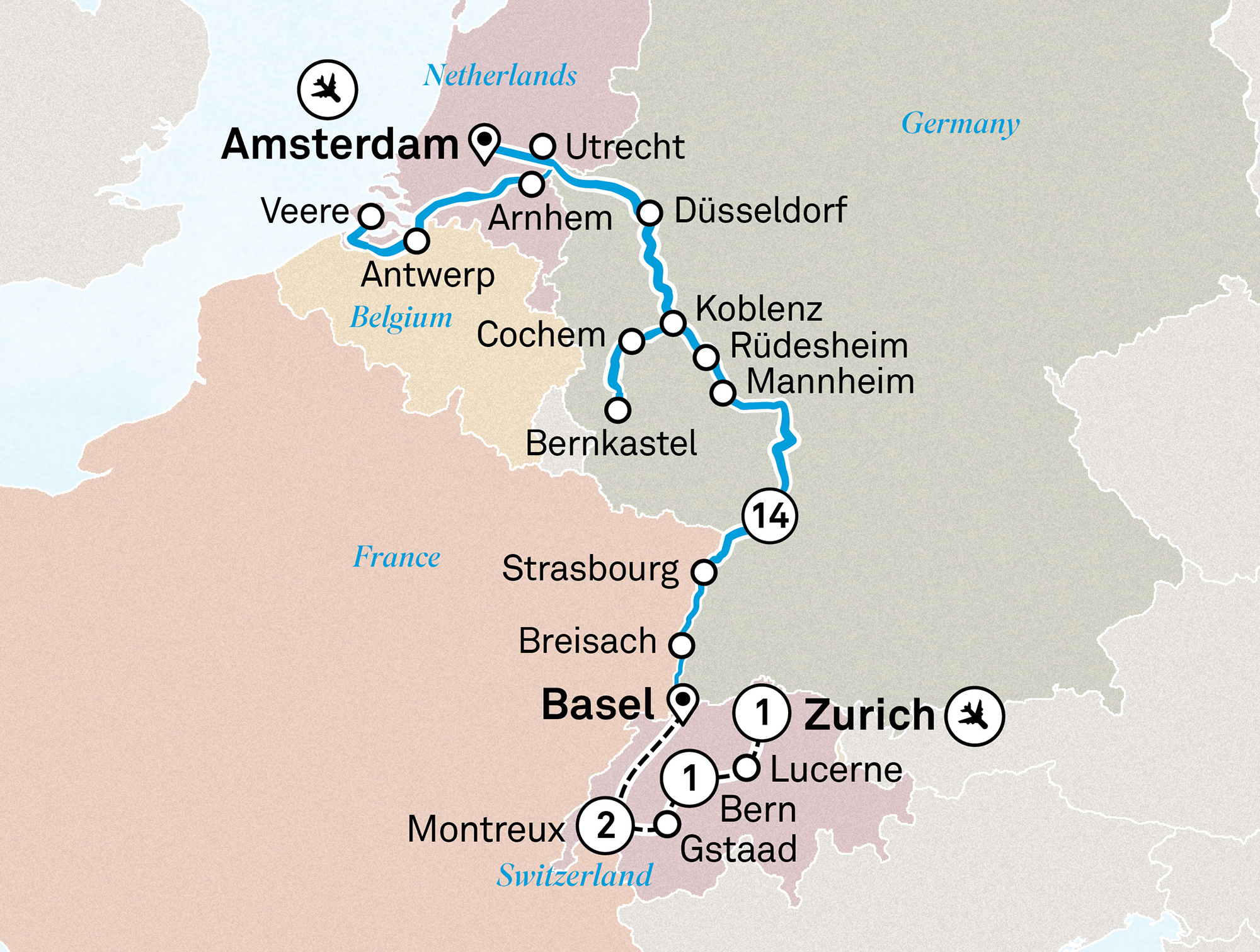 Romantic Rhine & Moselle with Switzerland Itinerary Map