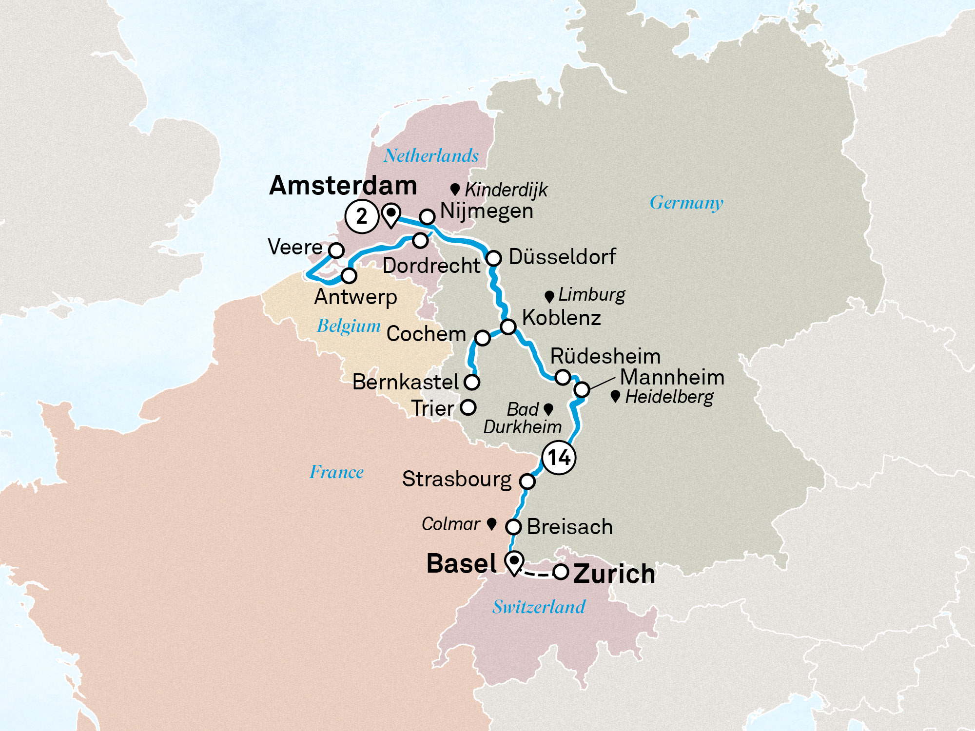 Romantic Rhine & Moselle with Amsterdam Itinerary Map