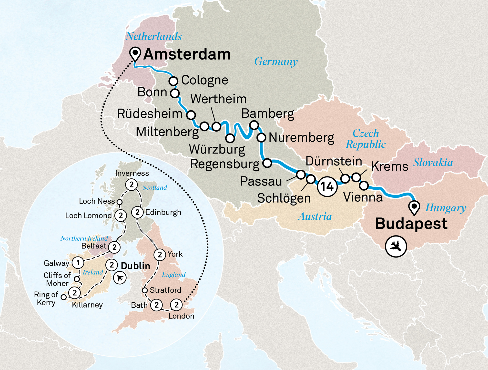 Jewels of Europe with Majestic Britain & Ireland Itinerary Map