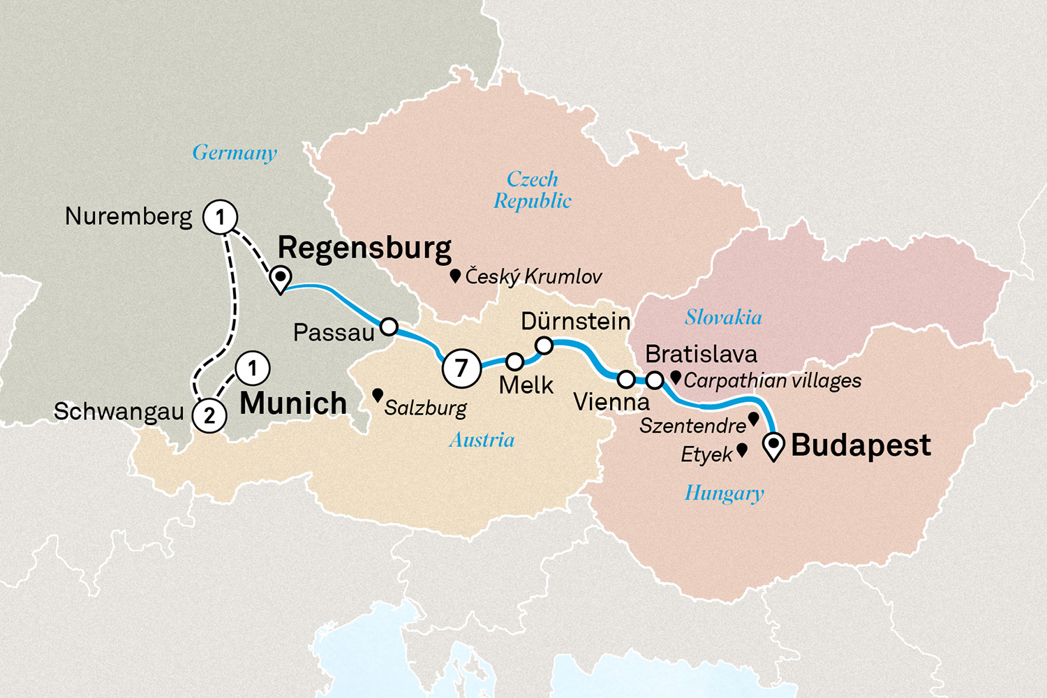 Gems of the Danube with Best of Bavaria Itinerary Map