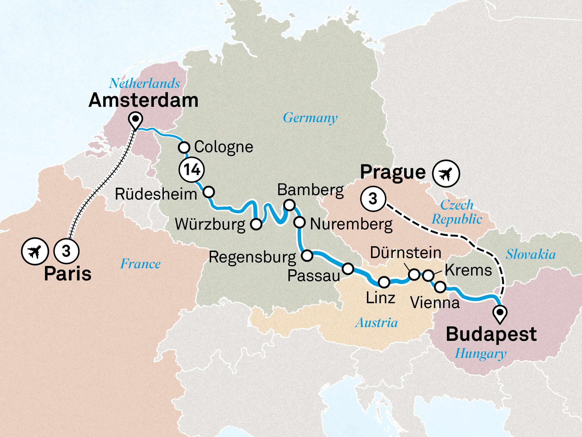 Christmas & New Year with Paris & Prague Itinerary Map