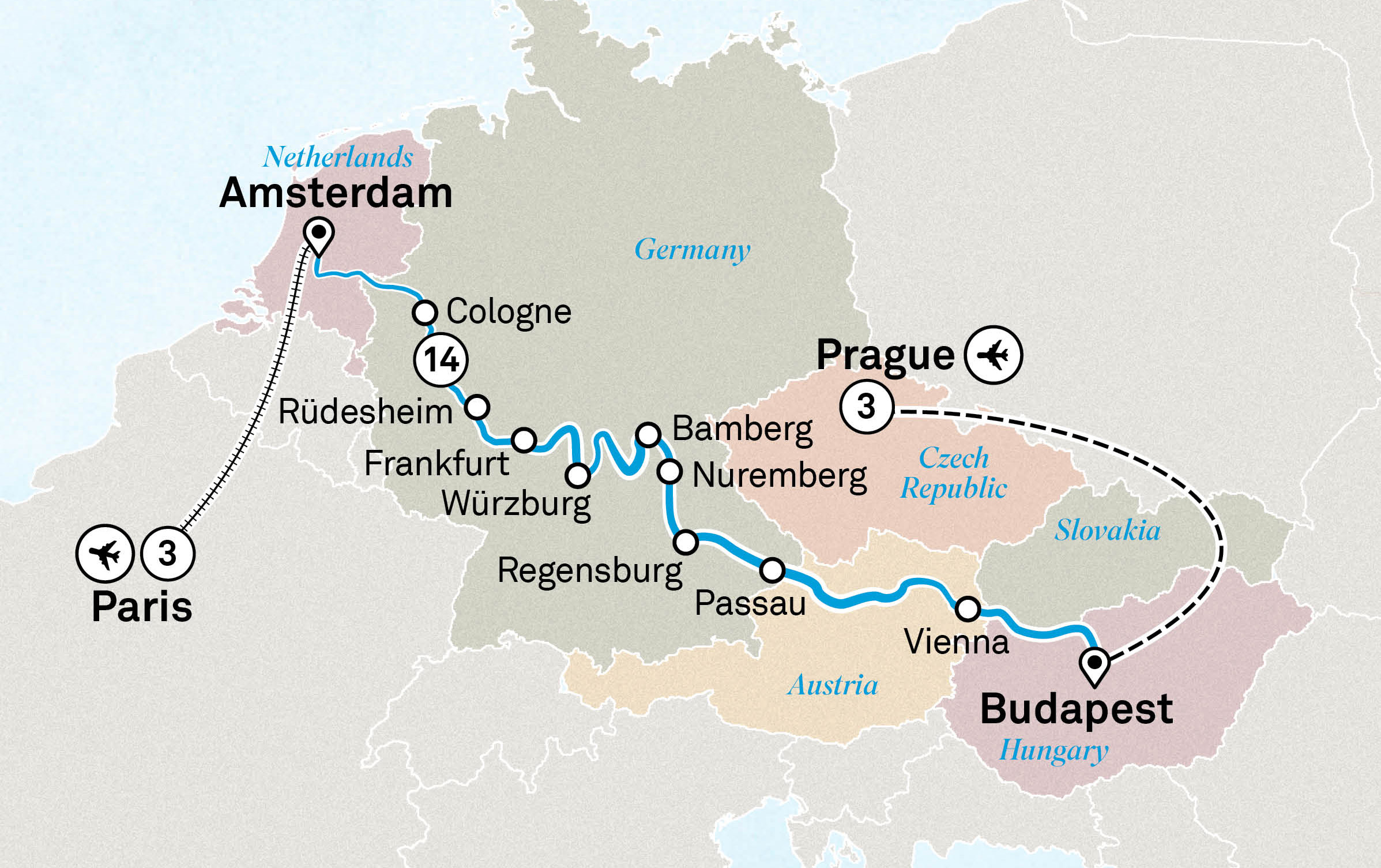 Christmas & New Year with Paris & Prague Itinerary Map