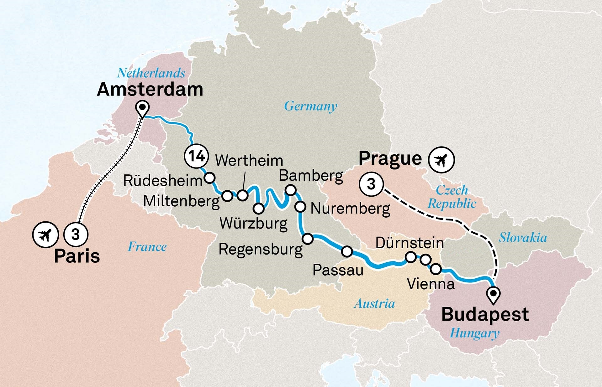Christmas & New Year with Paris & Prague Itinerary Map