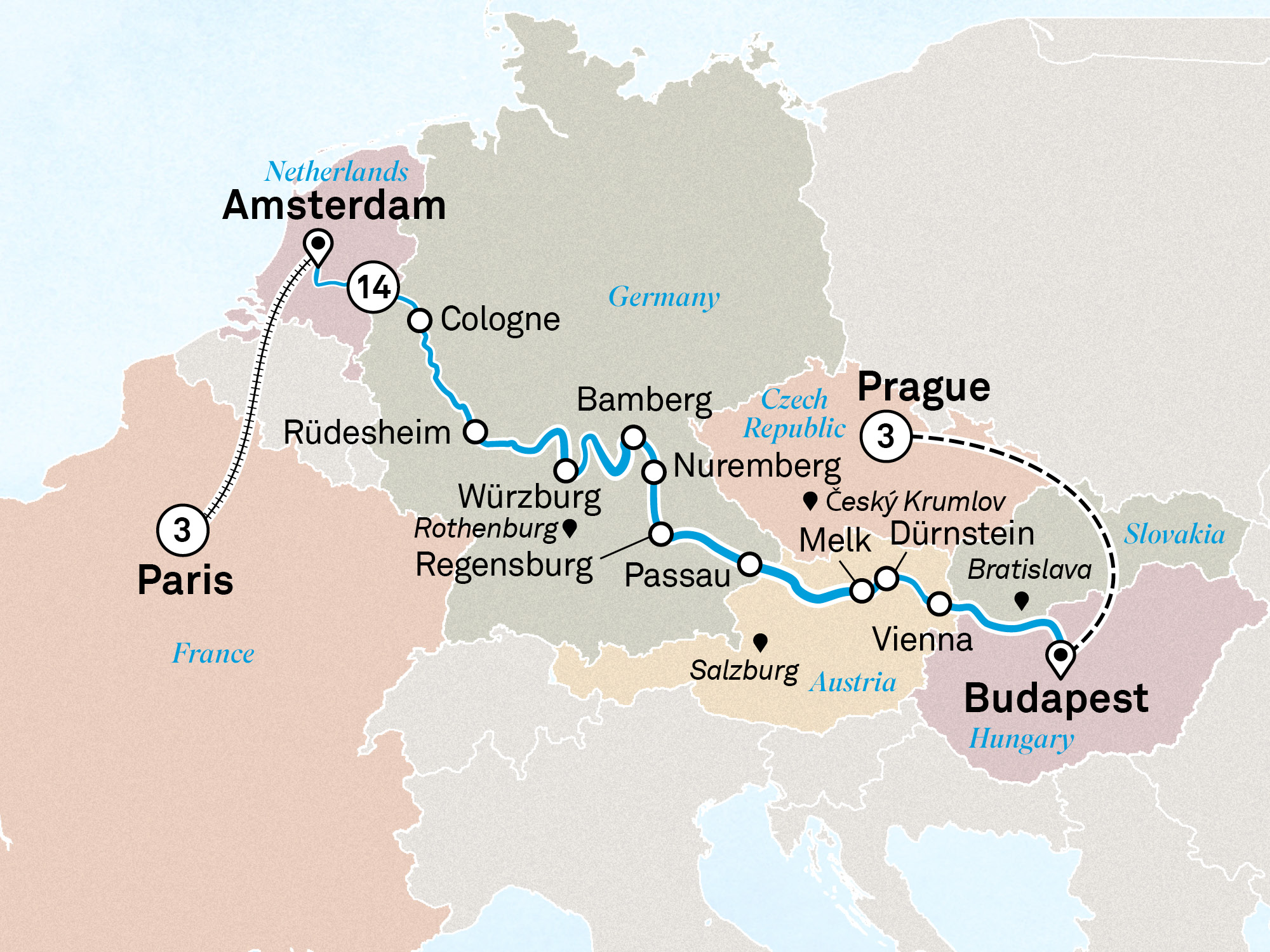 Christmas & New Year with Paris & Prague Itinerary Map