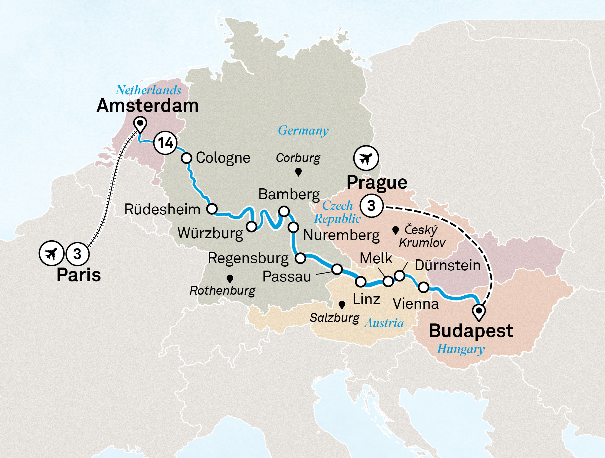 Christmas & New Year with Paris & Prague Itinerary Map