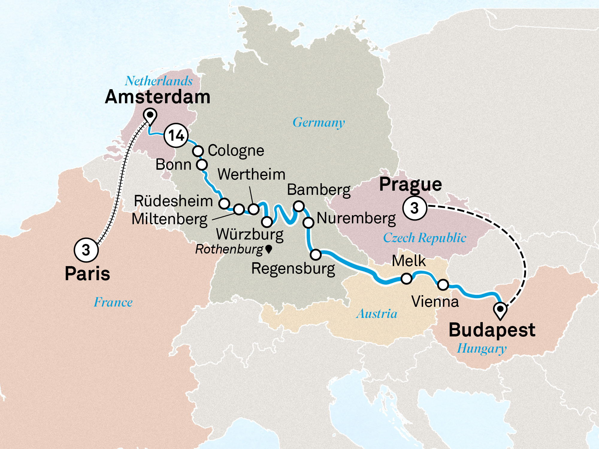 Christmas & New Year with Paris & Prague Itinerary Map