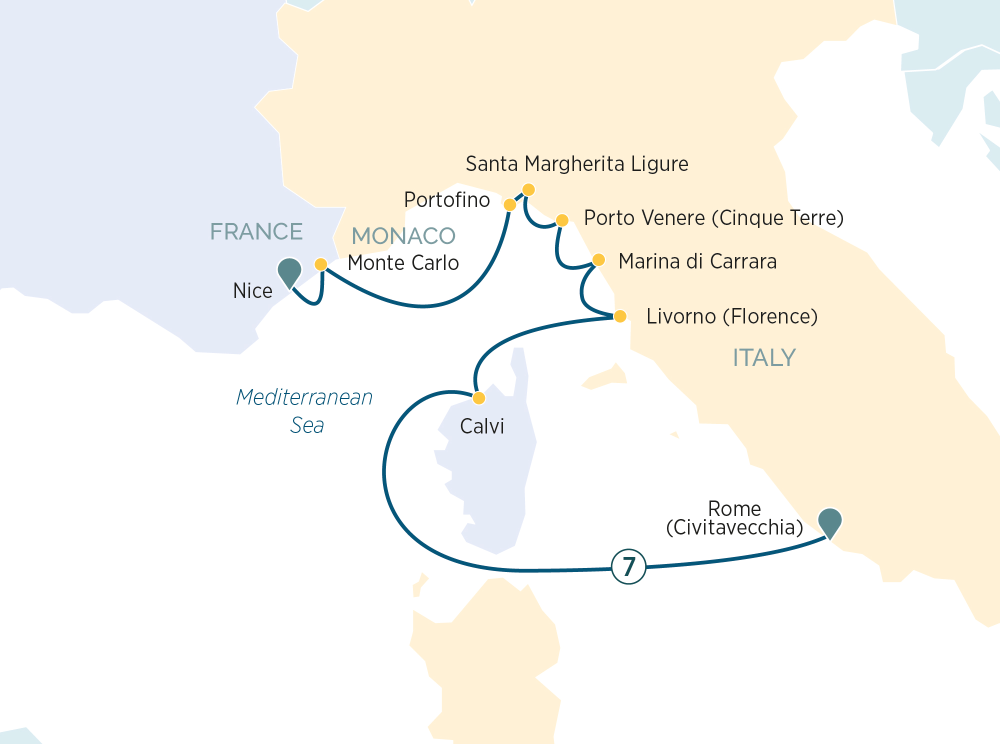 Italian & French Rivieras with Corsica Itinerary Map