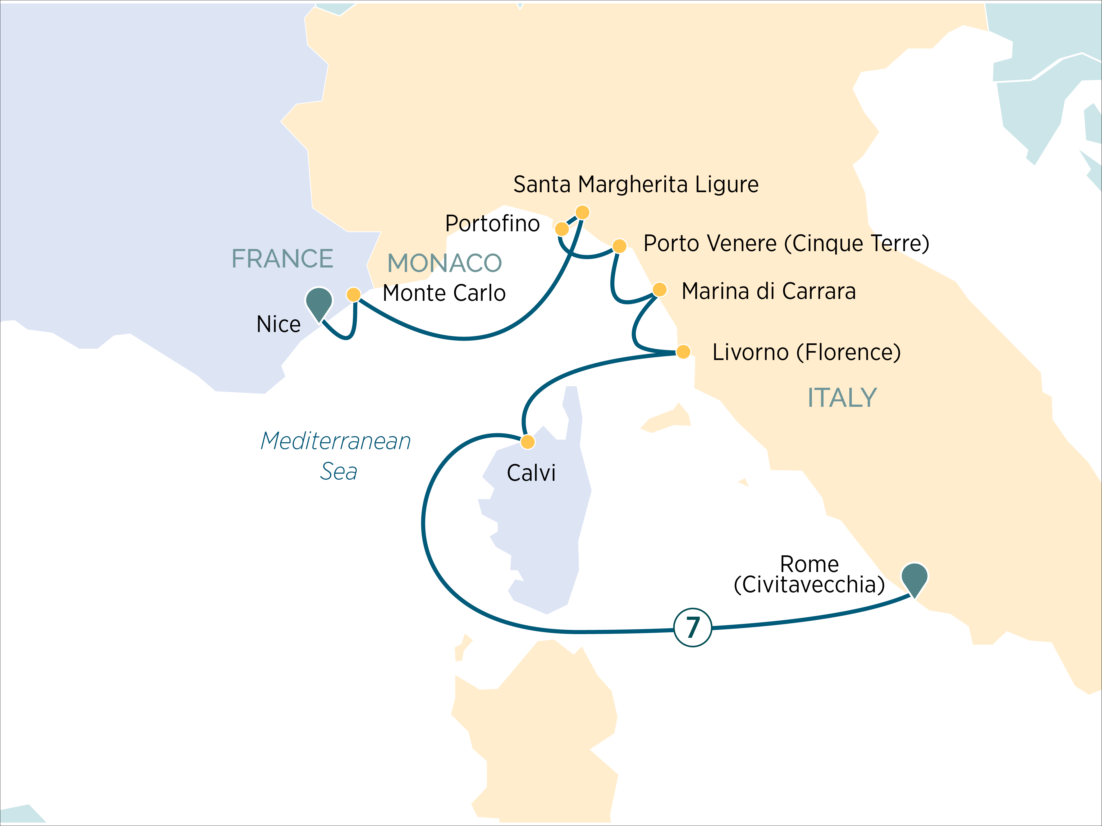 French & Italian Rivieras with Corsica Itinerary Map