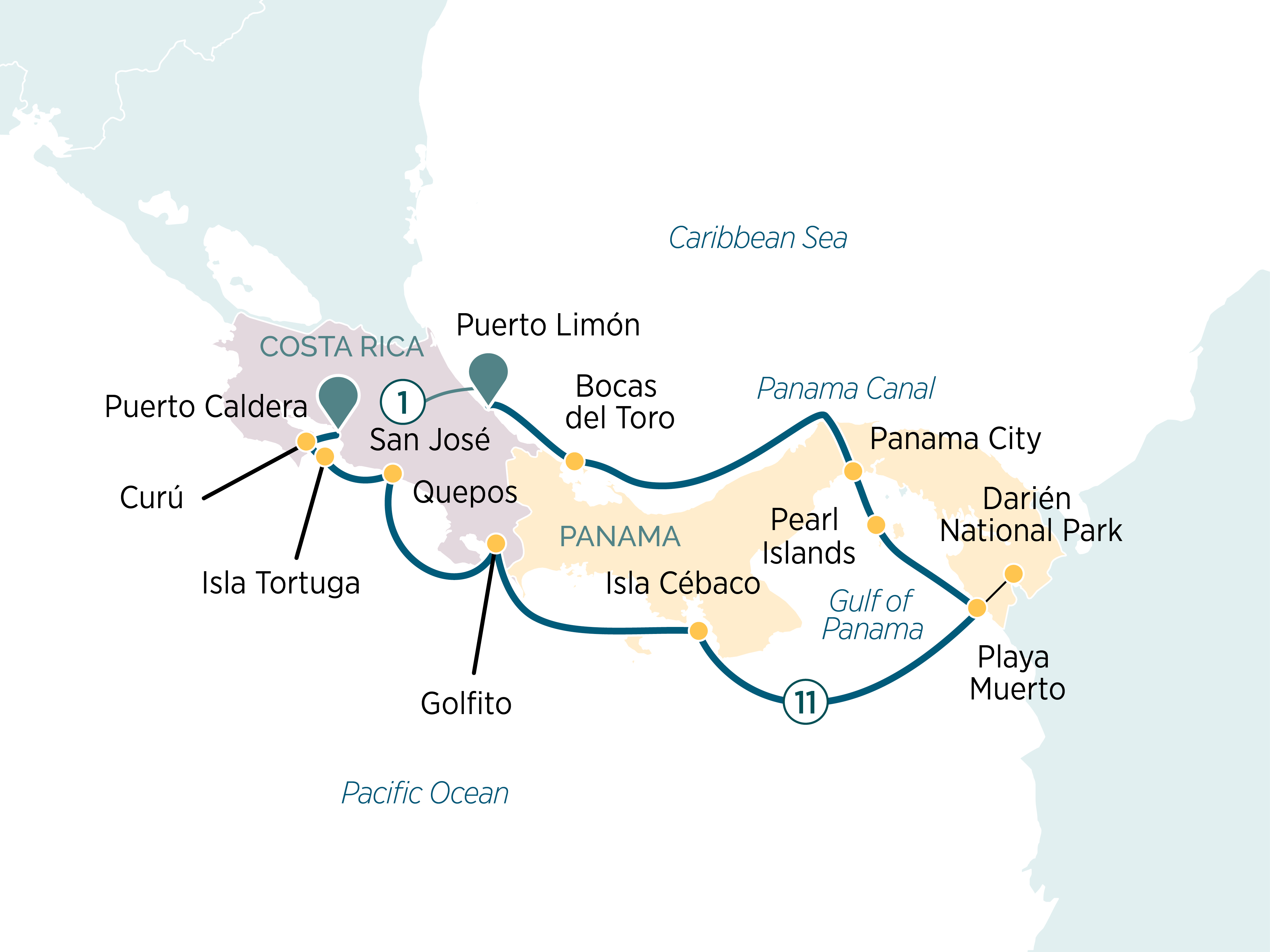 Costa Rica, Panama from the Atlantic to the Pacific via the Panama Canal Itinerary Map