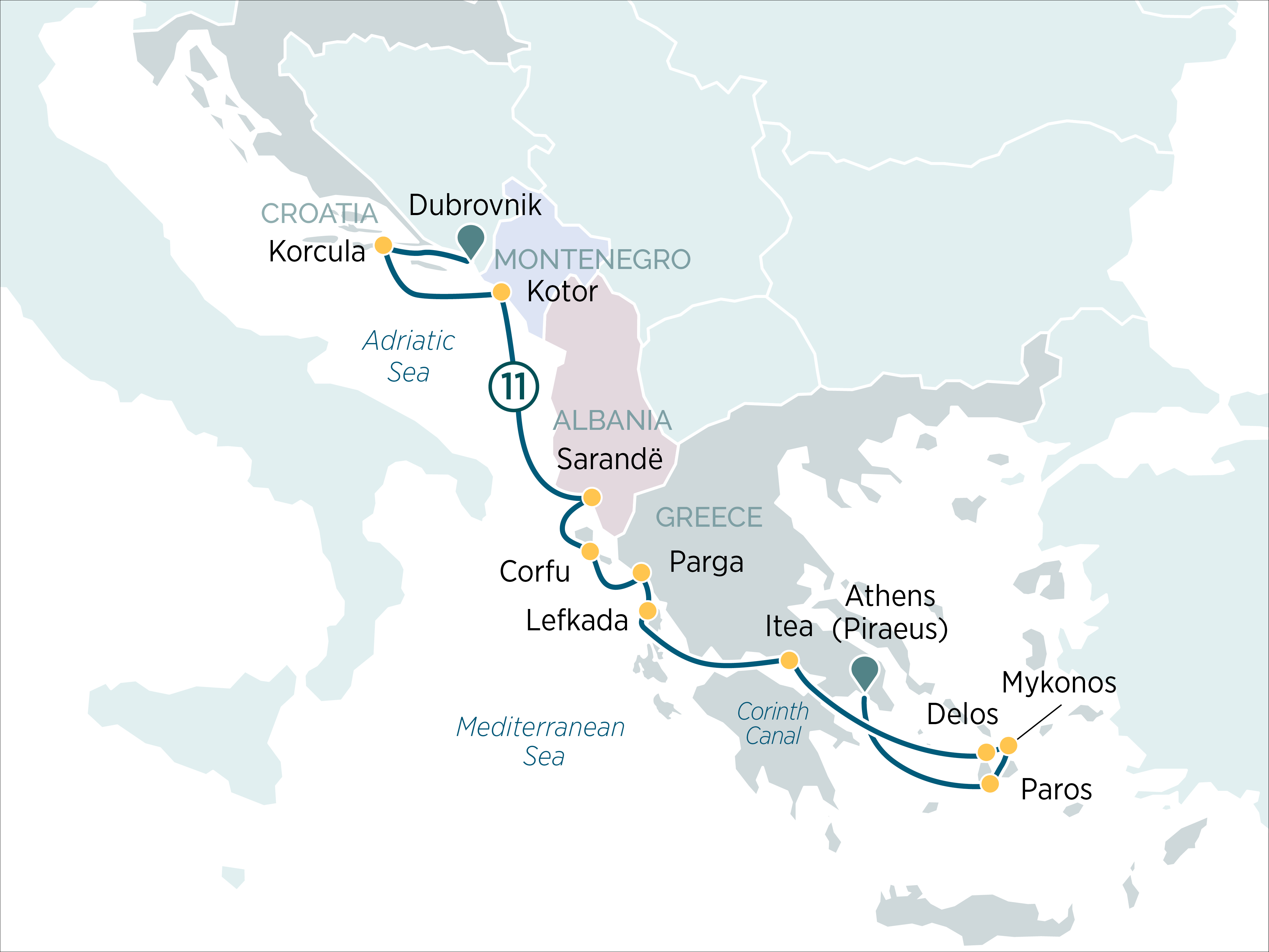 Adriatic, Corinth Canal & the Greek Islands Itinerary Map