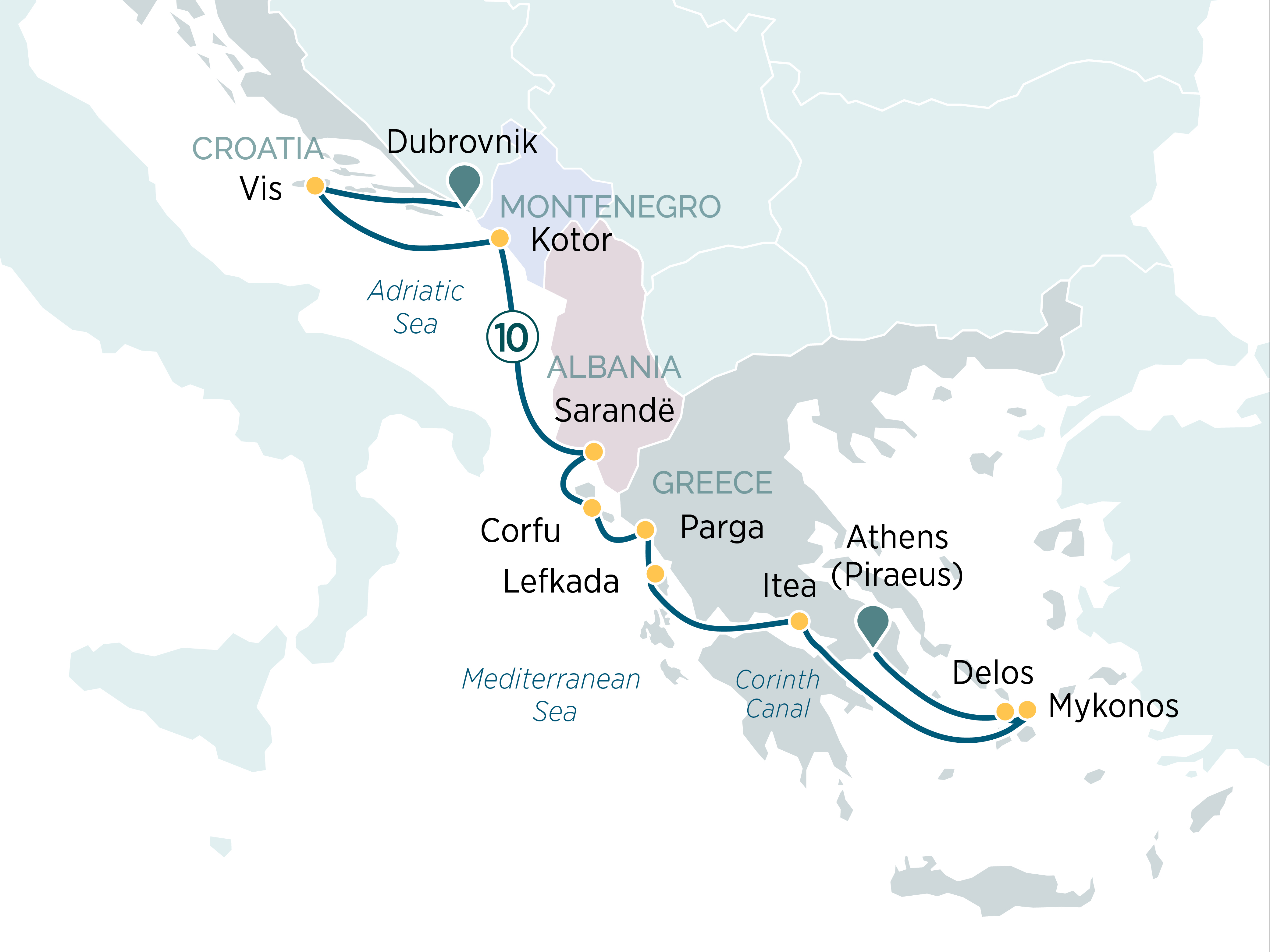 The Greek Islands, Corinth Canal & Adriatic Itinerary Map