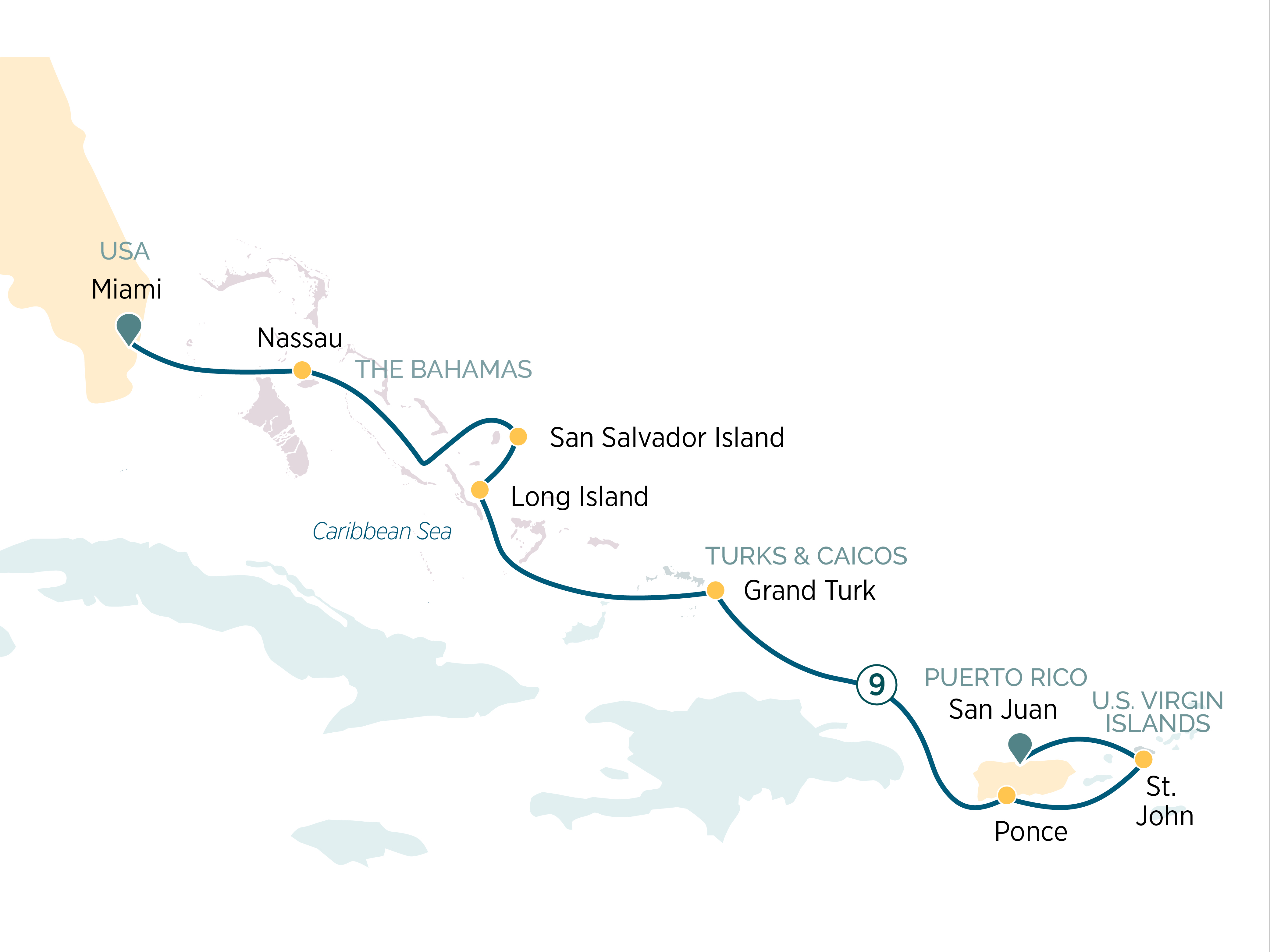 Paradise beaches from the Bahamas to the U.S. Virgin Islands Itinerary Map