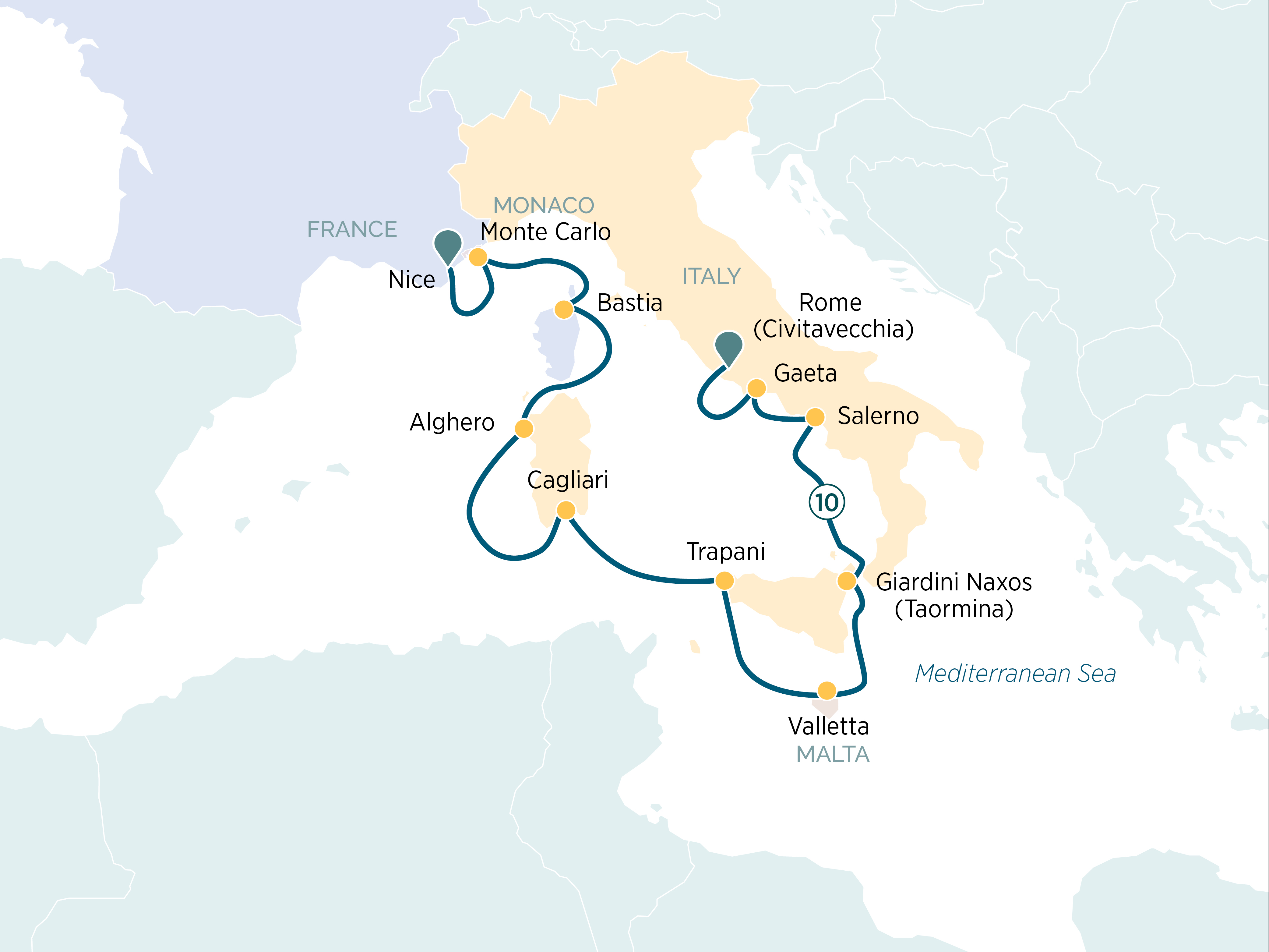 Italy's Islands, Corsica to Monaco Itinerary Map