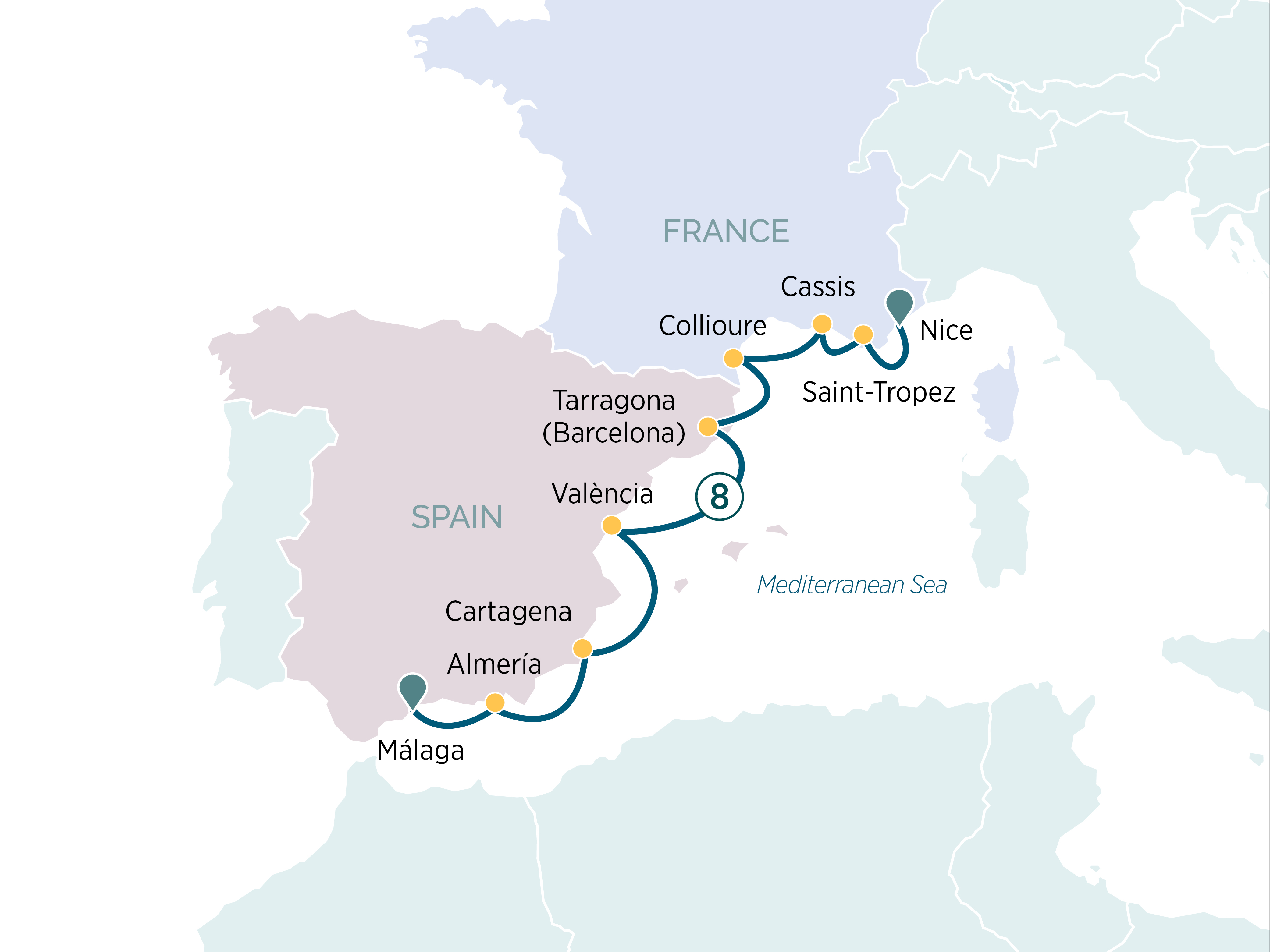 Mediterranean Reflections: Spain to France Itinerary Map