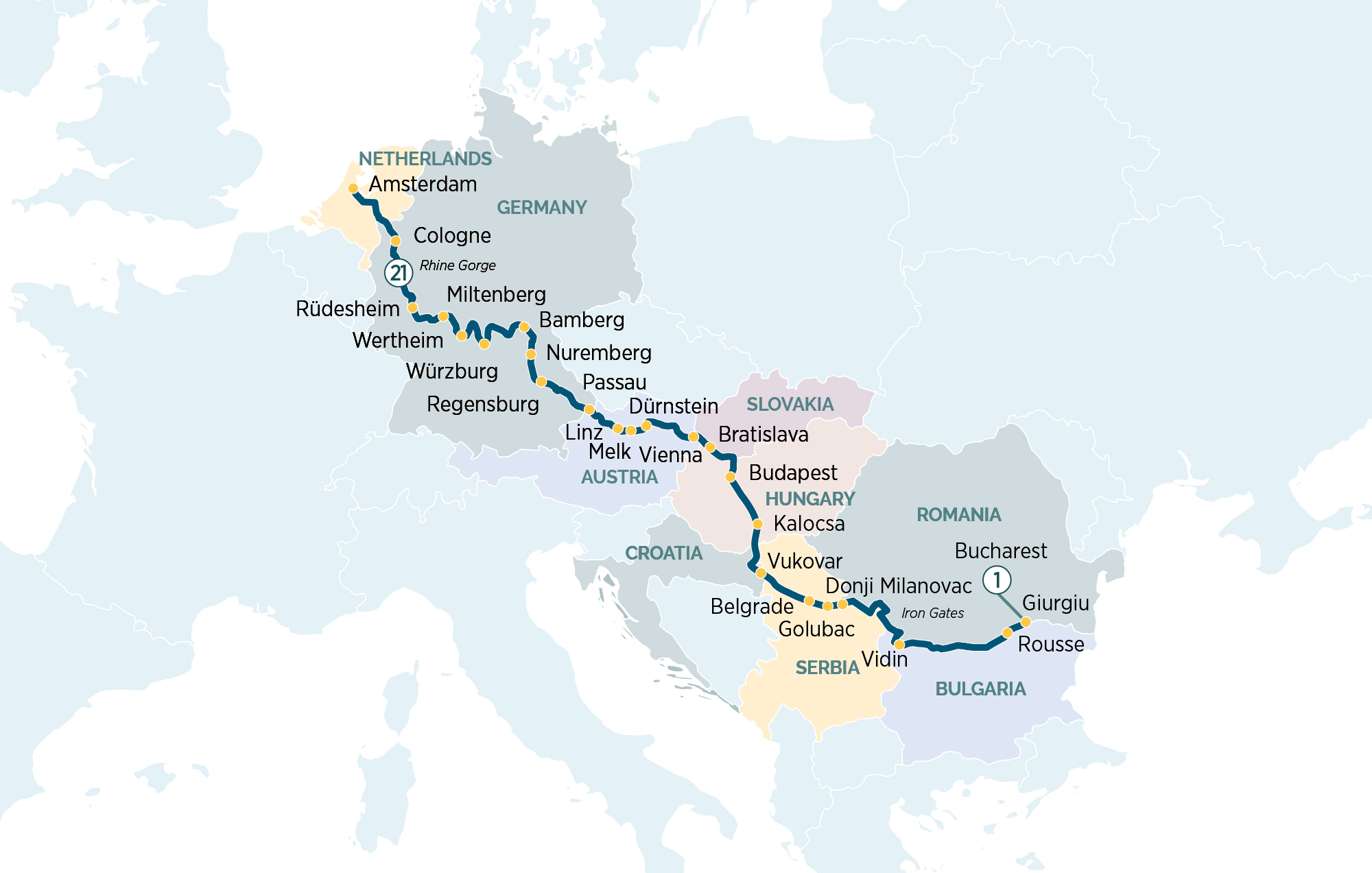 Bucharest to Amsterdam - Discover the Rhine, Main & Danube Itinerary Map