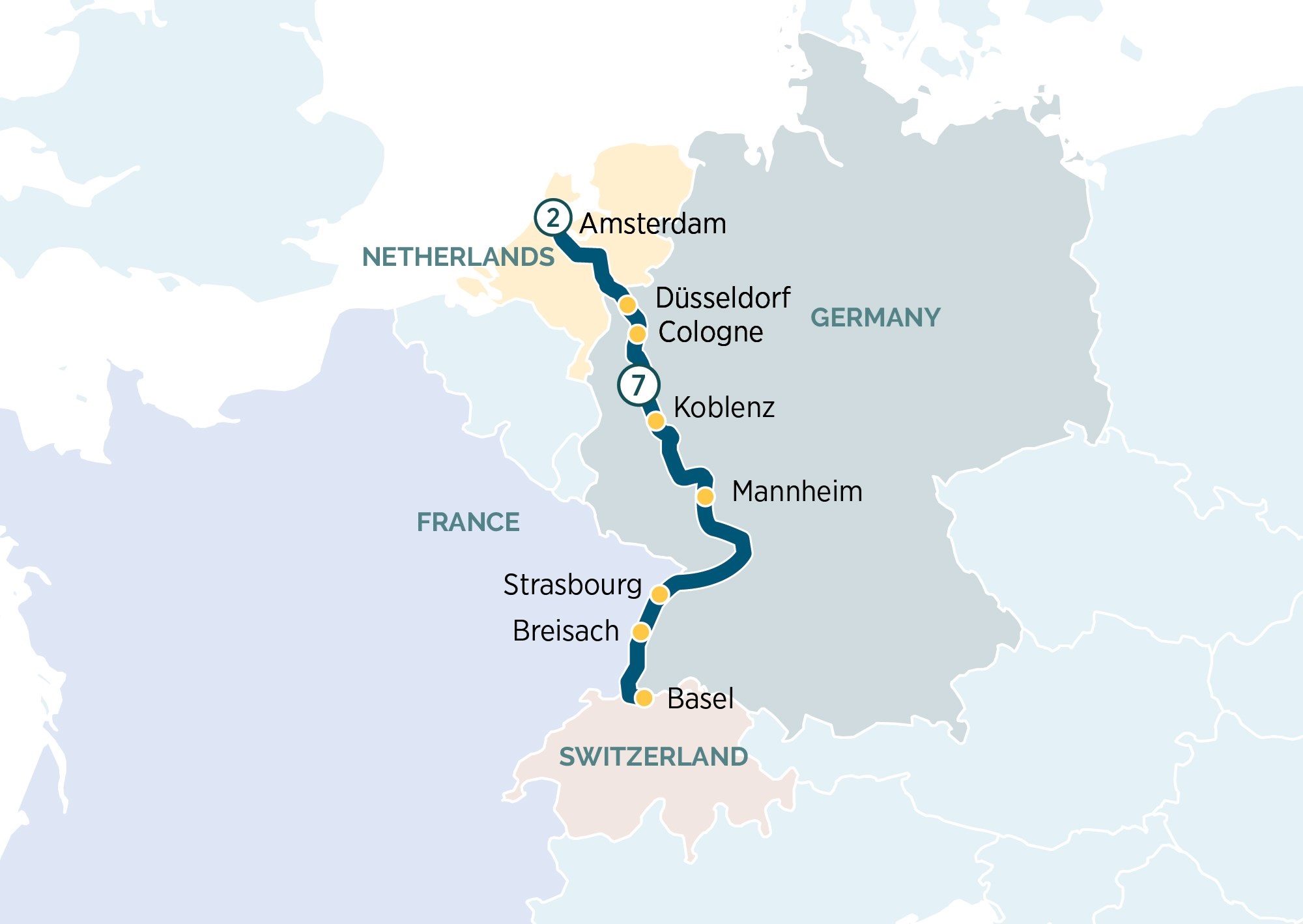 Amsterdam & Tulips & the Rhine Itinerary Map