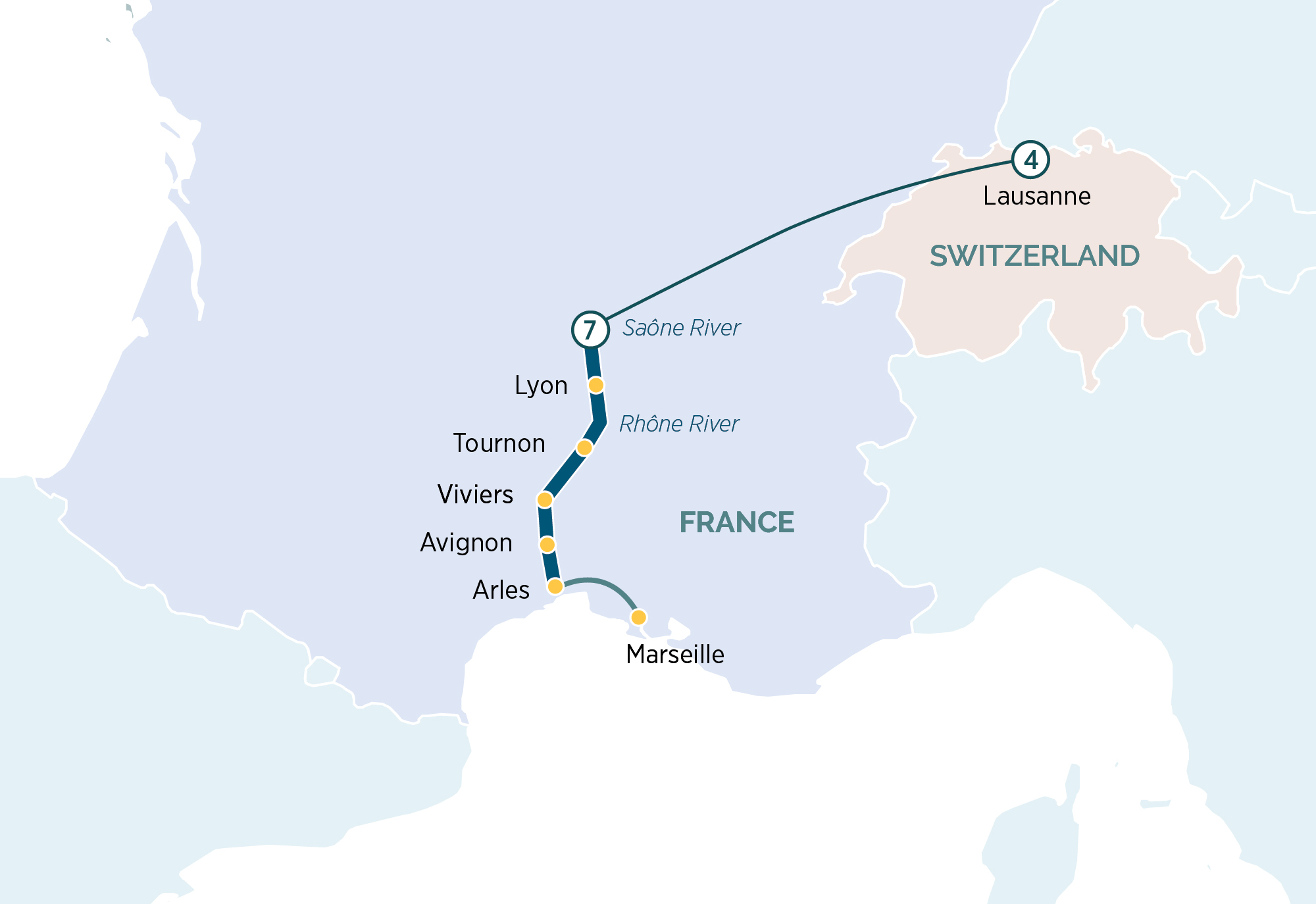 Autumn Sensations of Lyon & Provence with Swiss Mountains Itinerary Map