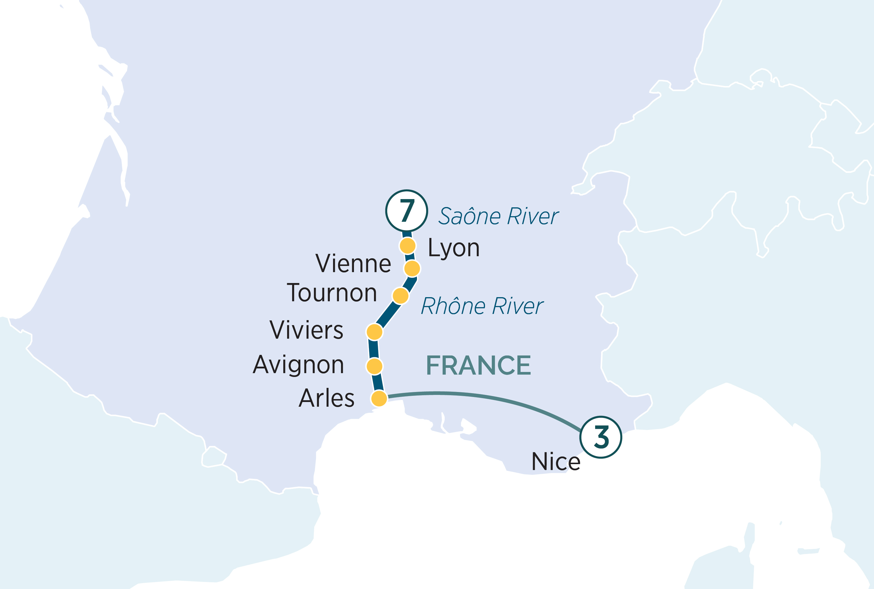 Sensations of Lyon and Provence & Nice Itinerary Map