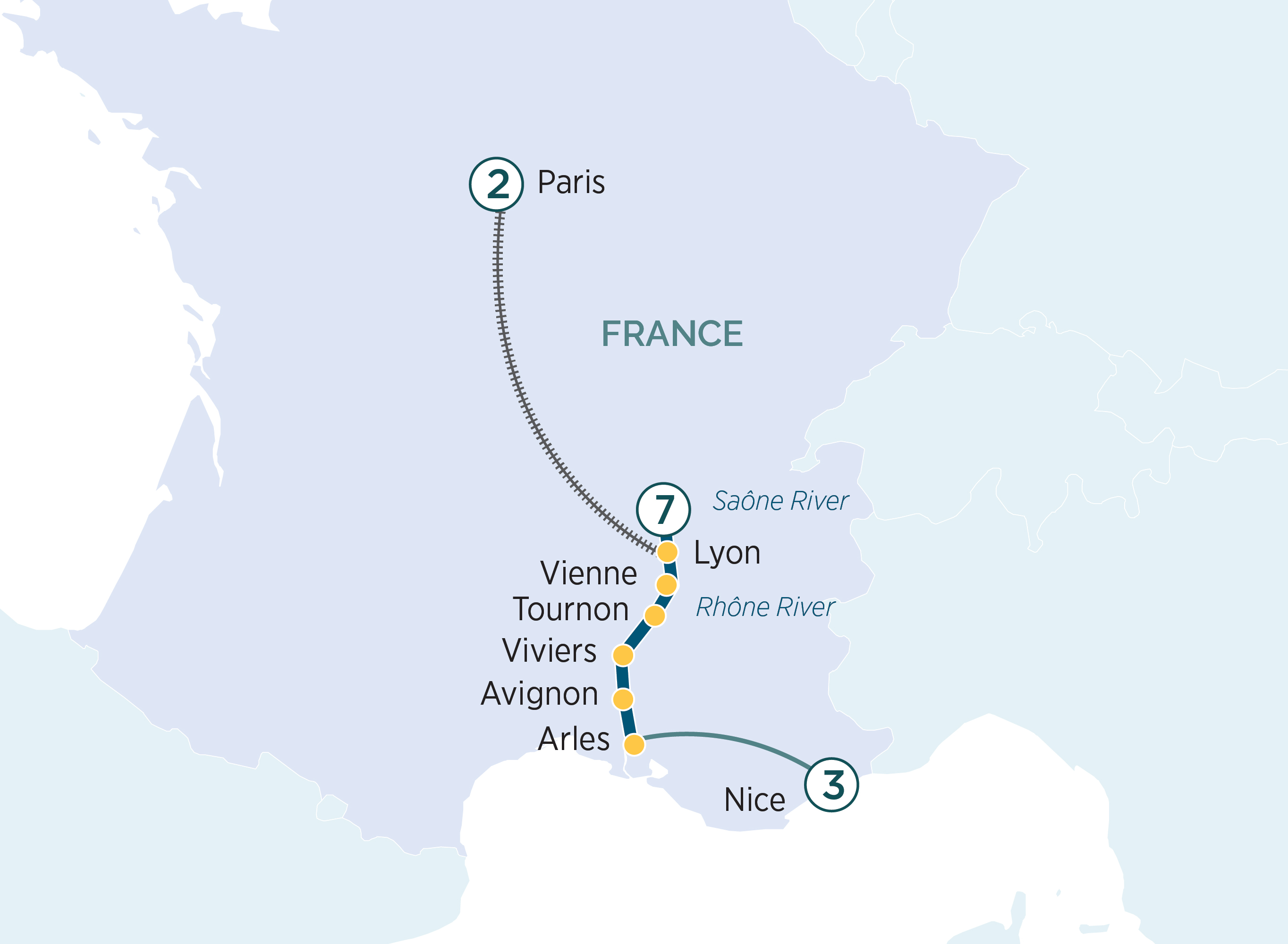 Nice to Paris & Sensations of Lyon and Provence Itinerary Map