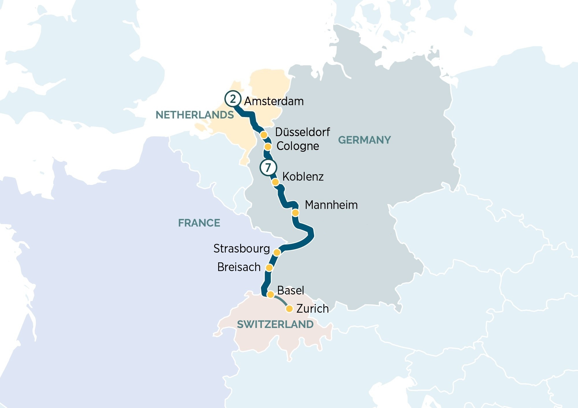 Amsterdam & Tulips & the Rhine Itinerary Map