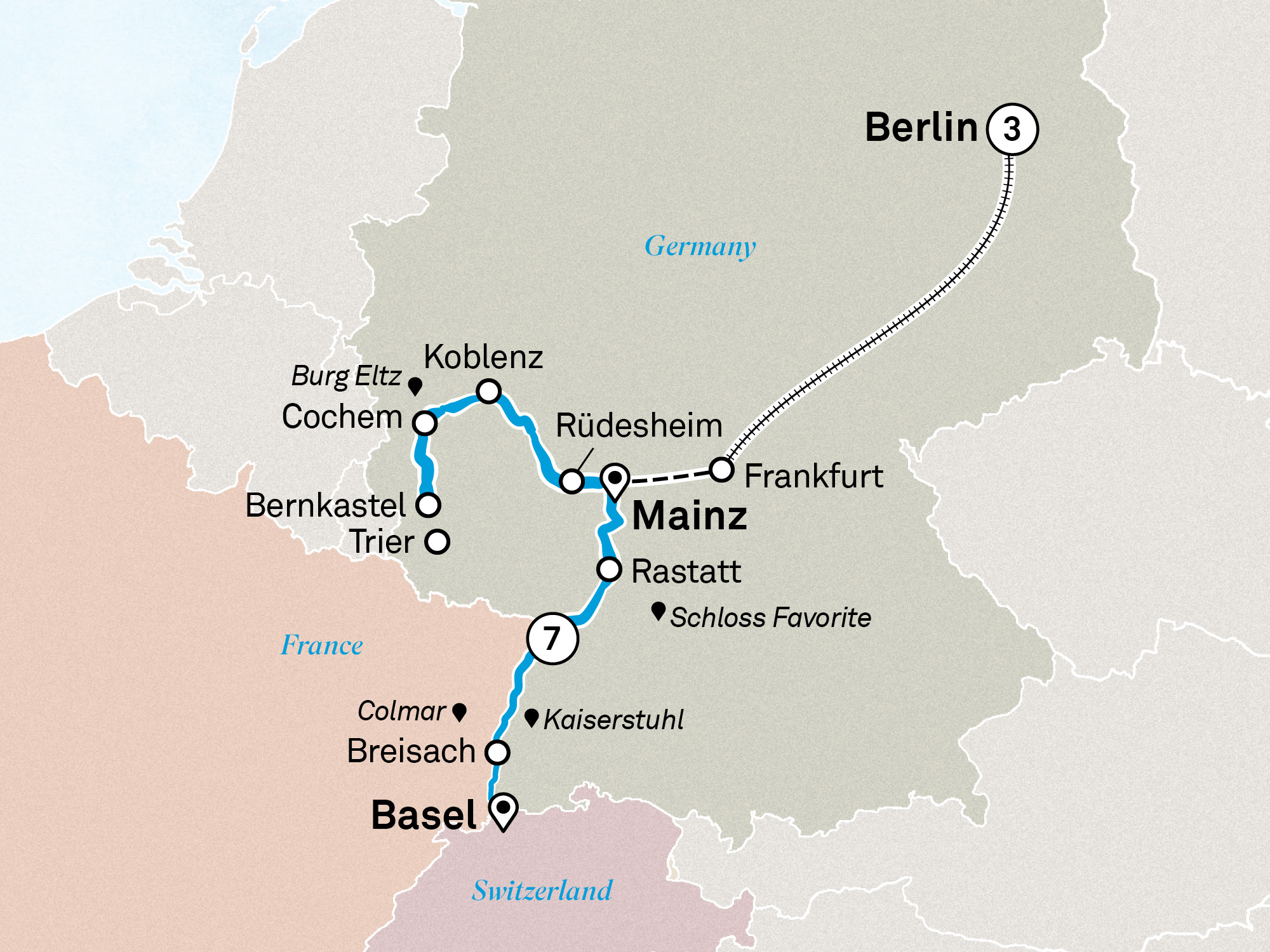Castles & Vineyards of the Rhine & Moselle with Berlin Itinerary Map