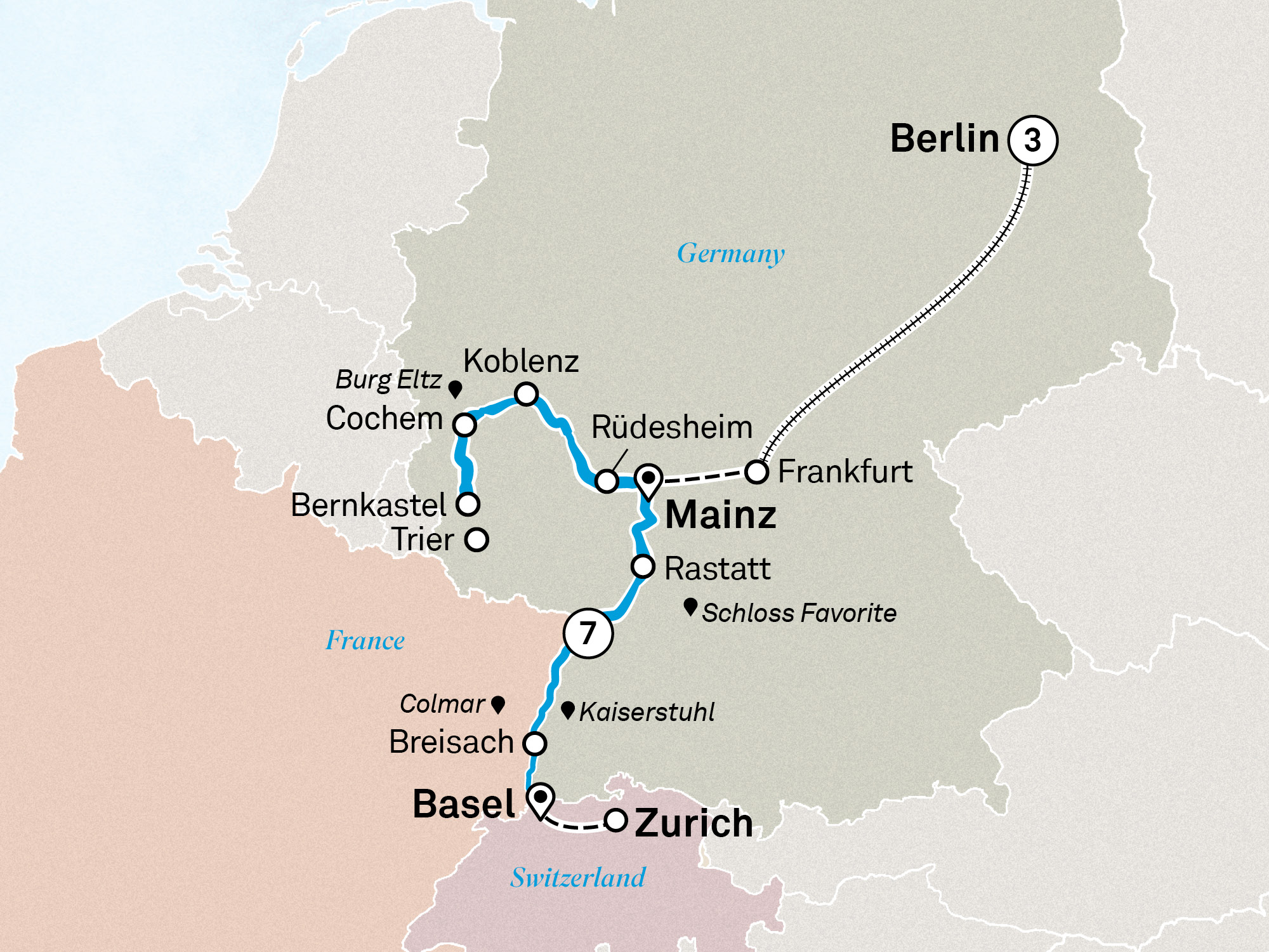 Castles & Vineyards of the Rhine & Moselle with Berlin Itinerary Map