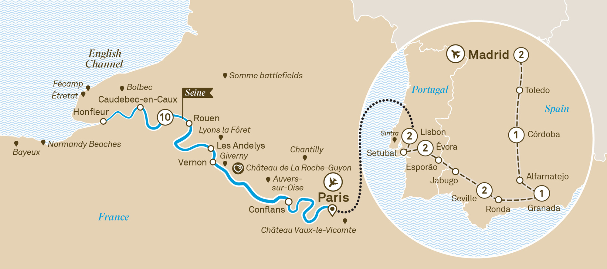 Gems of the Seine & Iberian Grandeur Itinerary Map
