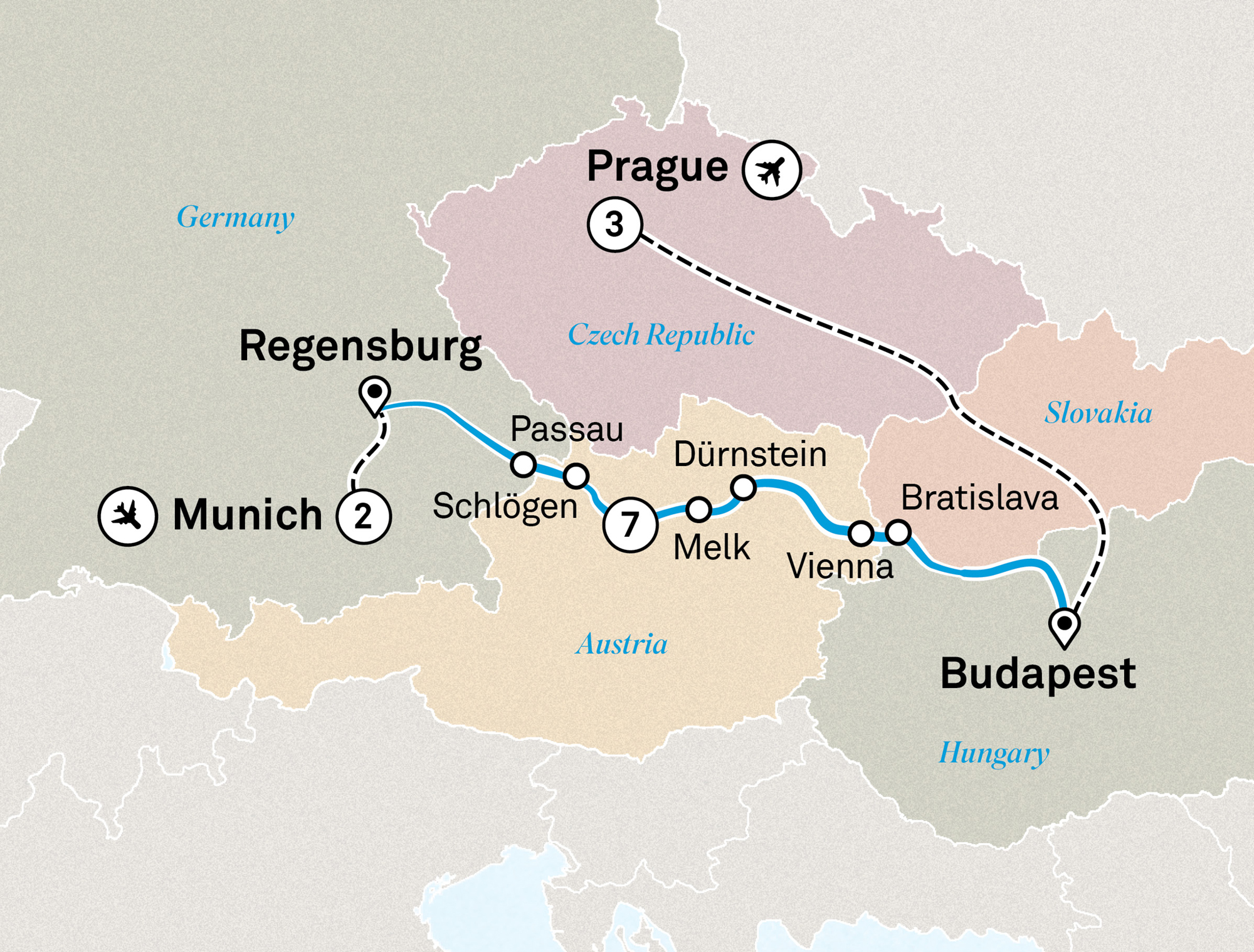 Gems of the Danube with Munich & Prague Itinerary Map