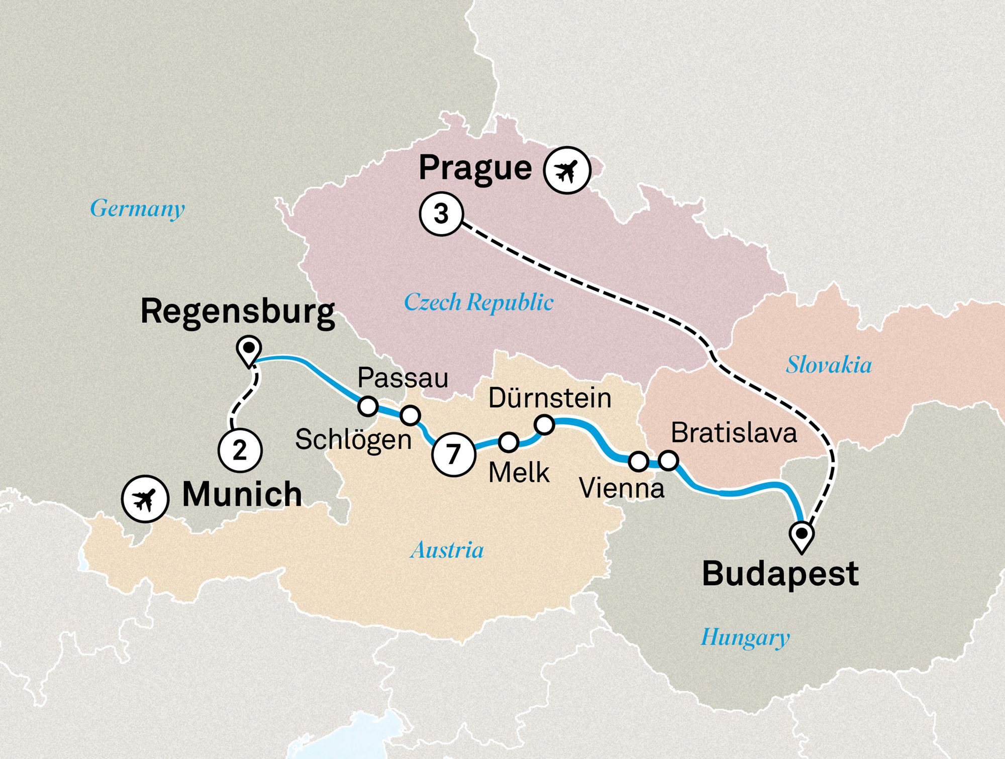 Gems of the Danube with Munich, Oktoberfest & Prague Itinerary Map