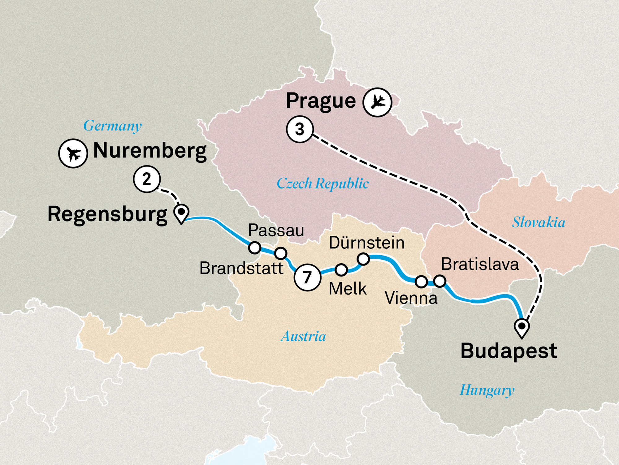 Gems of the Danube with Nuremberg and Prague Itinerary Map