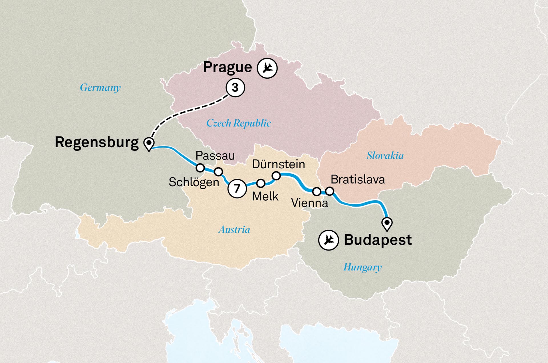 Gems of the Danube with Prague Itinerary Map