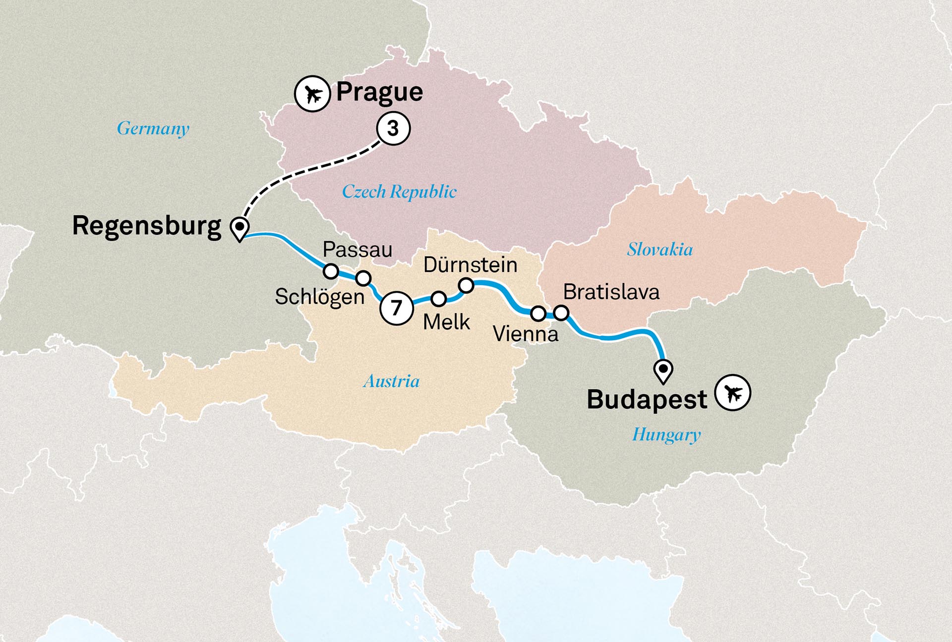 Gems of the Danube with Prague Itinerary Map