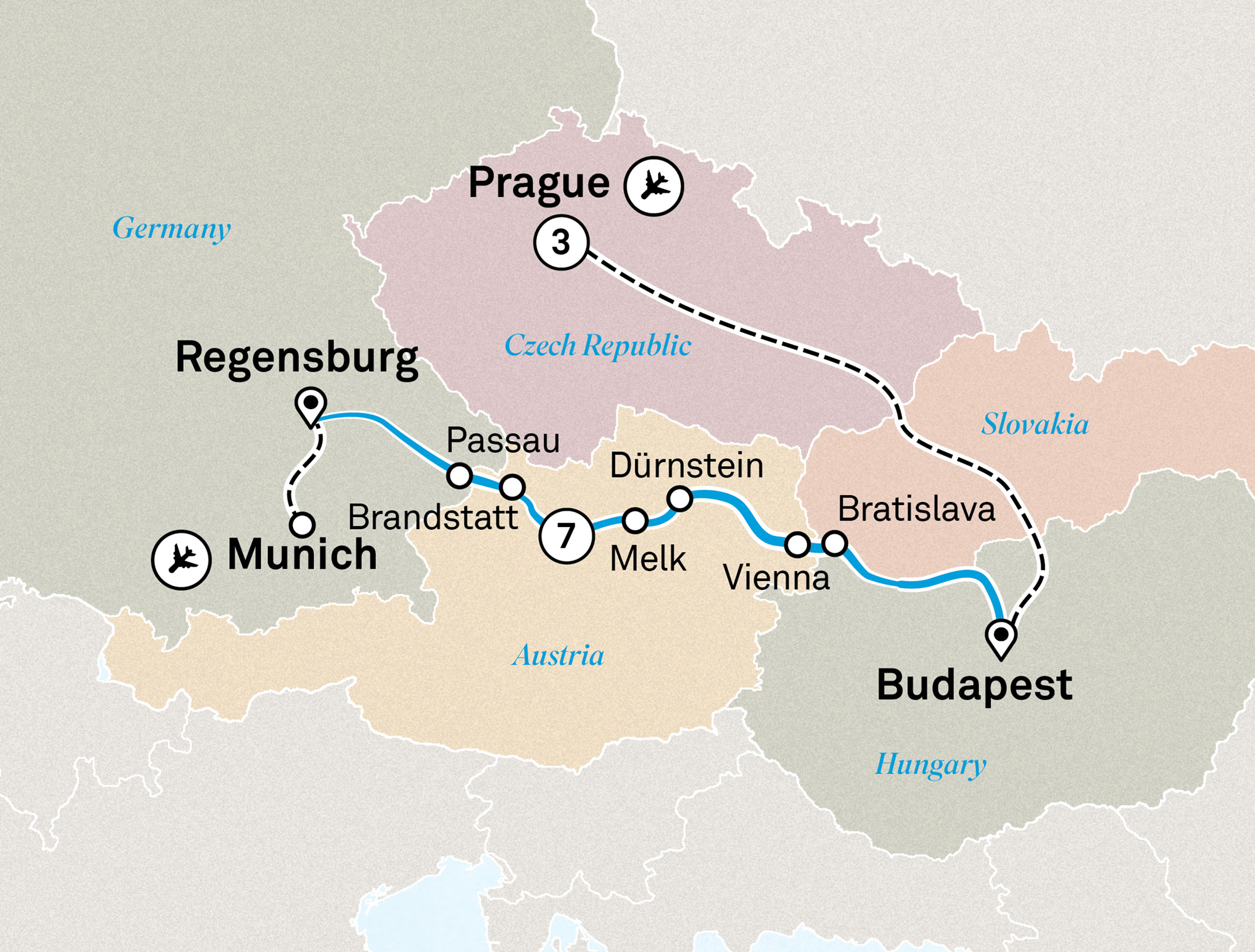 Gems of the Danube with Prague Itinerary Map