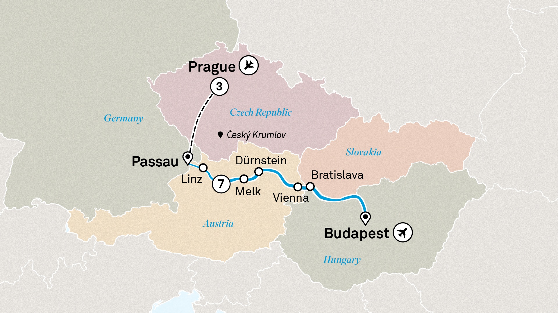 Gems of the Danube with Prague Itinerary Map
